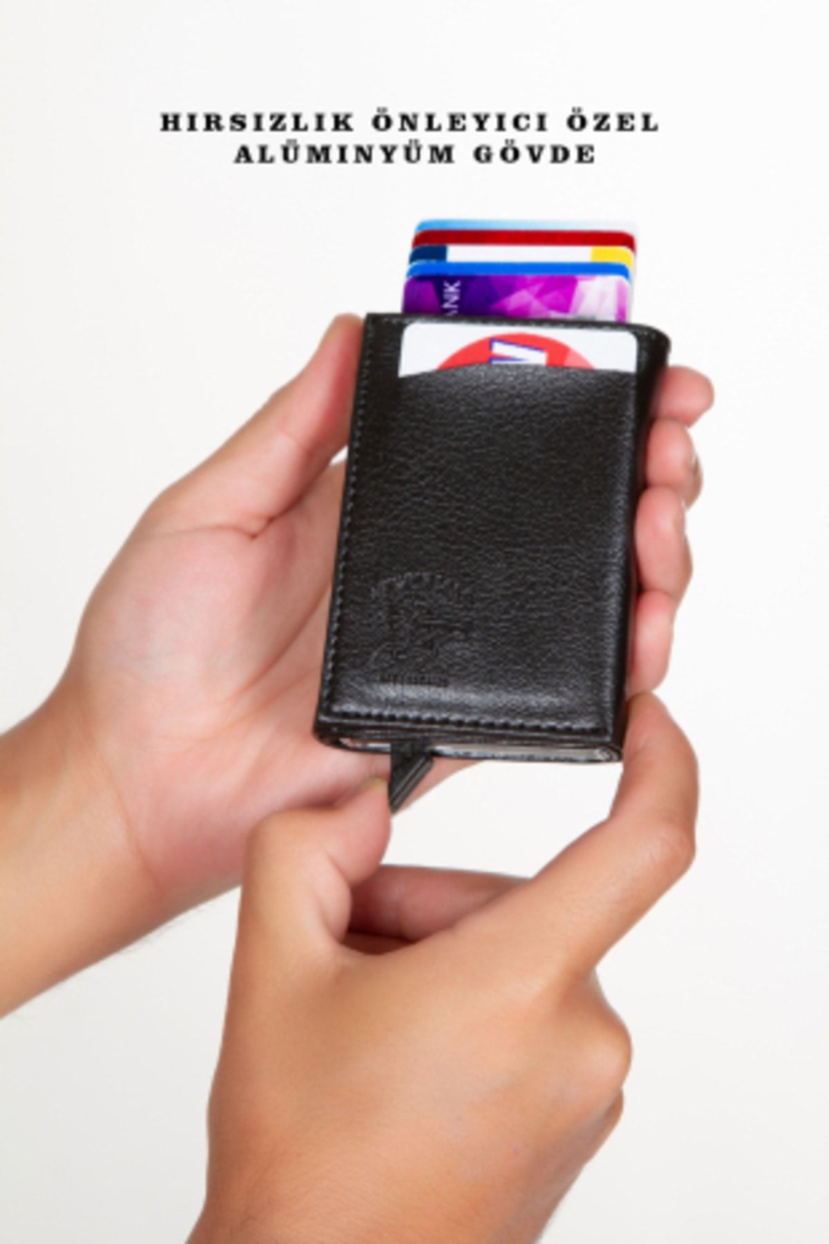 Newish Unisex Deri Alüminyum Mekanizmalı, Kartlık Cüzdan. Siyah Otomatik Kartlık - Alüminyum Korumalı
