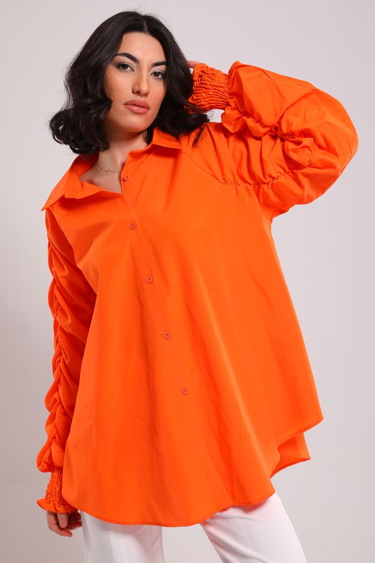 Julude Orange Kadın Kol Büzgü Detaylı Lastikli Salaş Gömlek