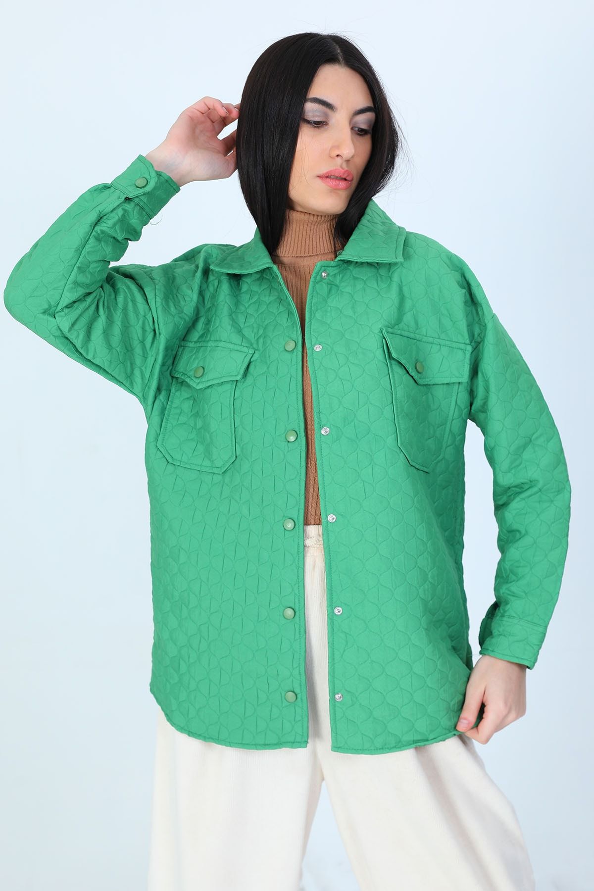 Julude Yeşil Kadın Kapitoneli Çıtçıtlı Ceket