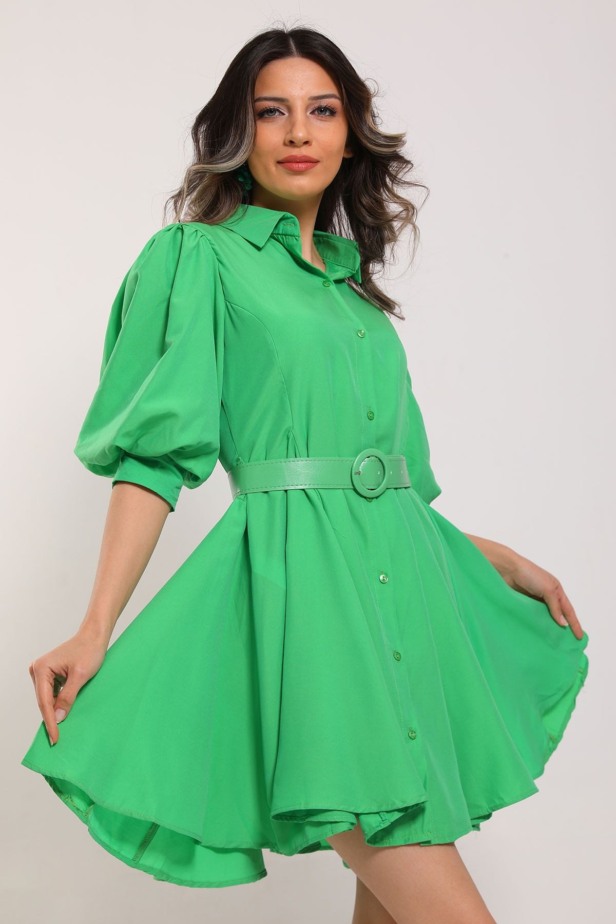 Julude Yeşil Kadın Balon Kol Eteği Parçalı Kemer Detaylı Elbise