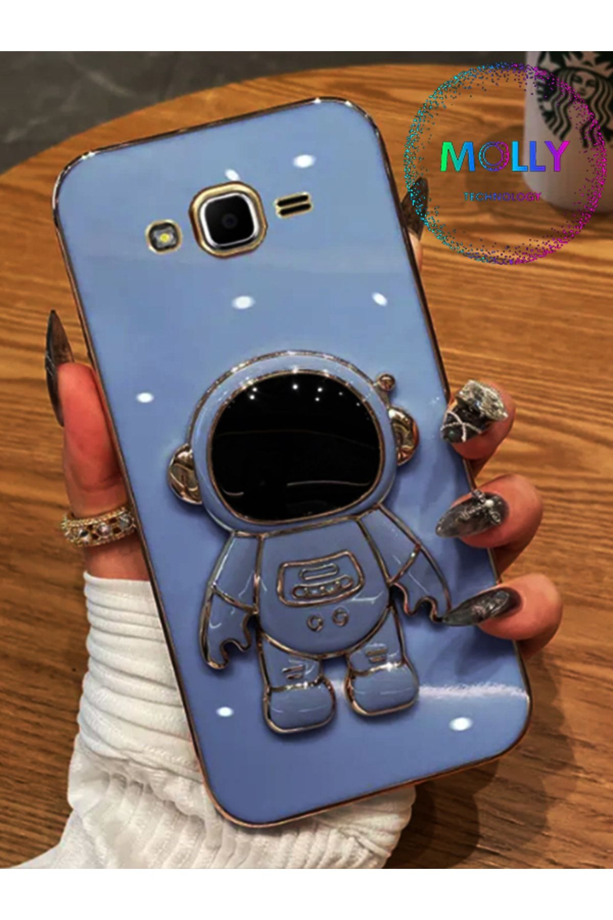 Molly Technology Samsung Galaxy J7 Core Için Petrol Mavisi Astronot Standlı Kenarları Gold Detaylı Lüks Silikon Kılıf