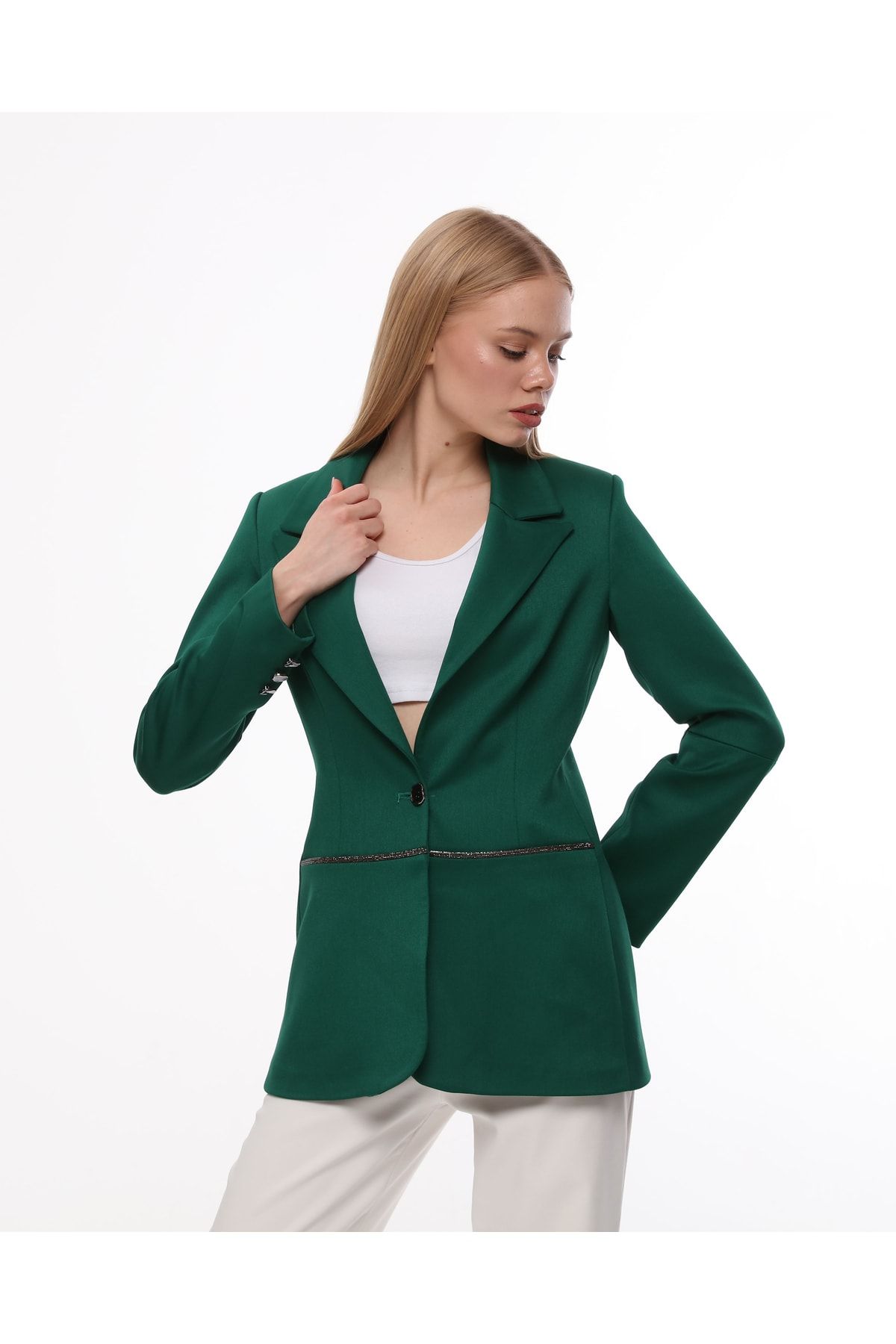 Suanye Kadın Yeni Sezon Yeşil Tek Düğme Ceket