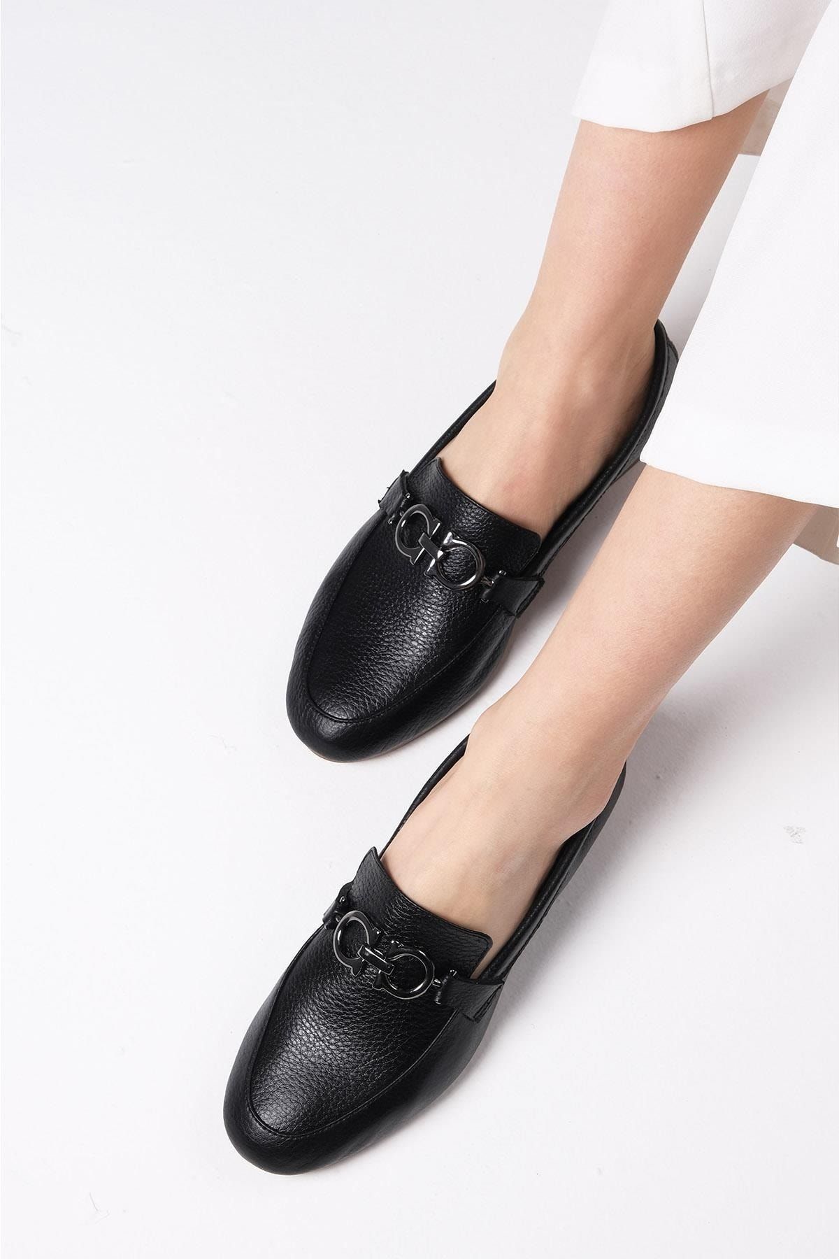 Mio Gusto Willow %100 Hakiki Deri Siyah Renk Ultra Esnek Tabanlı Kadın Loafer Ayakkabı