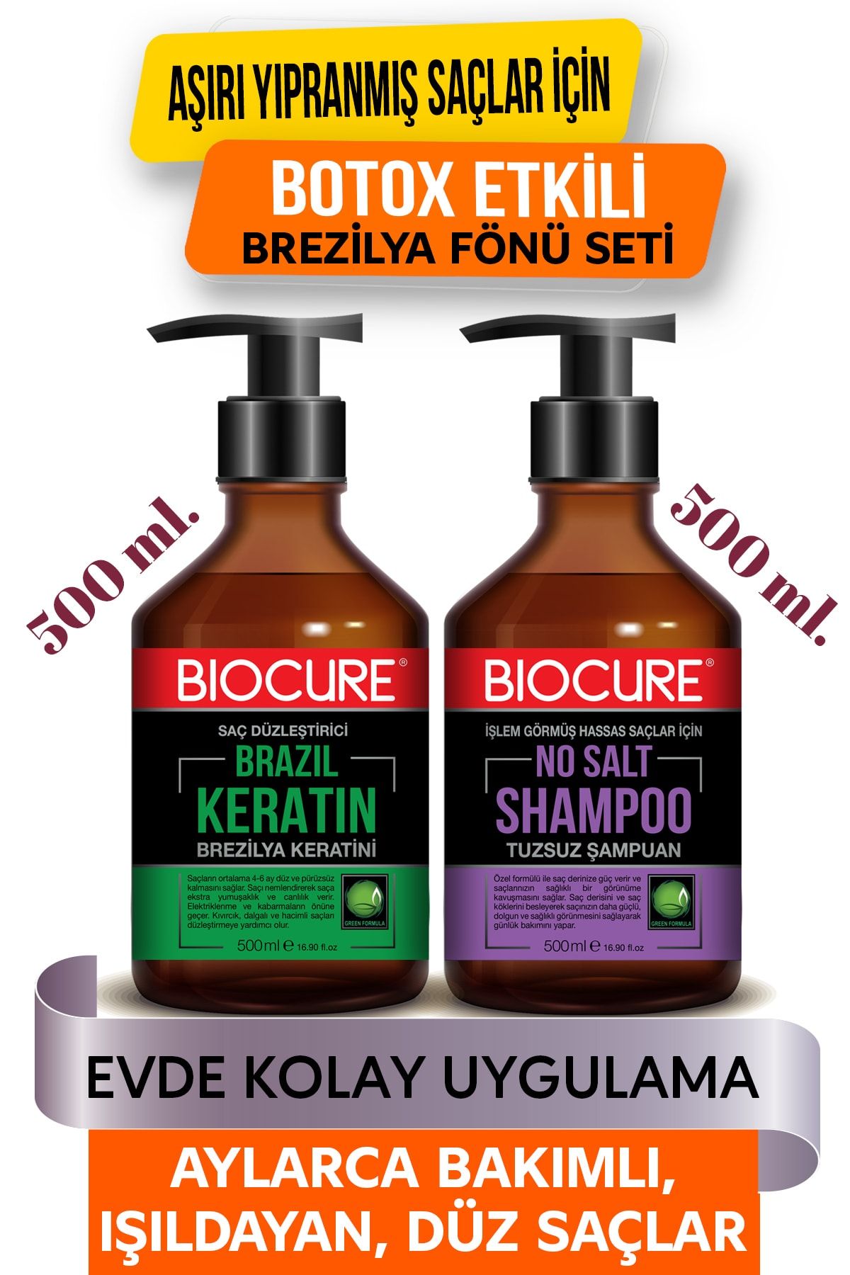 Biocure Saç Düzleştirici Keratin Bakımı Brezilya Fönü 500 ml + Parabensiz, Arındırıcı Tuzsuz Şampuan 500ml