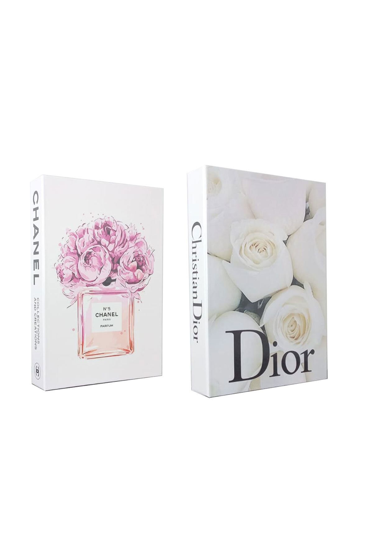 BayCazip 2'li Dekoratif Kitap Görünümlü Kutu No5 Chanel & Dior Beyaz Gül Temalı