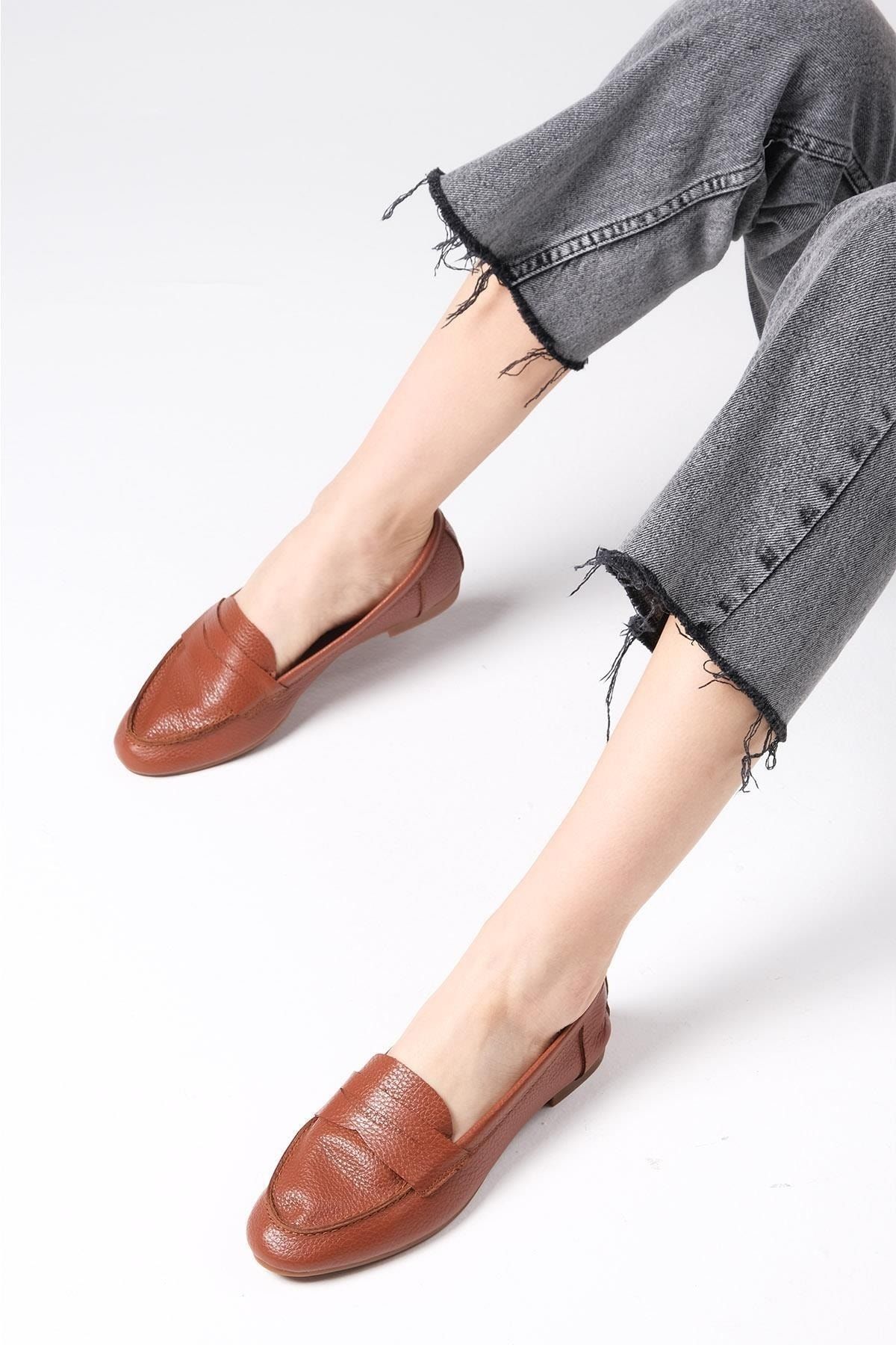 Mio Gusto Freya %100 Hakiki Deri Taba Renk Ultra Esnek Tabanlı Kadın Loafer Ayakkabı