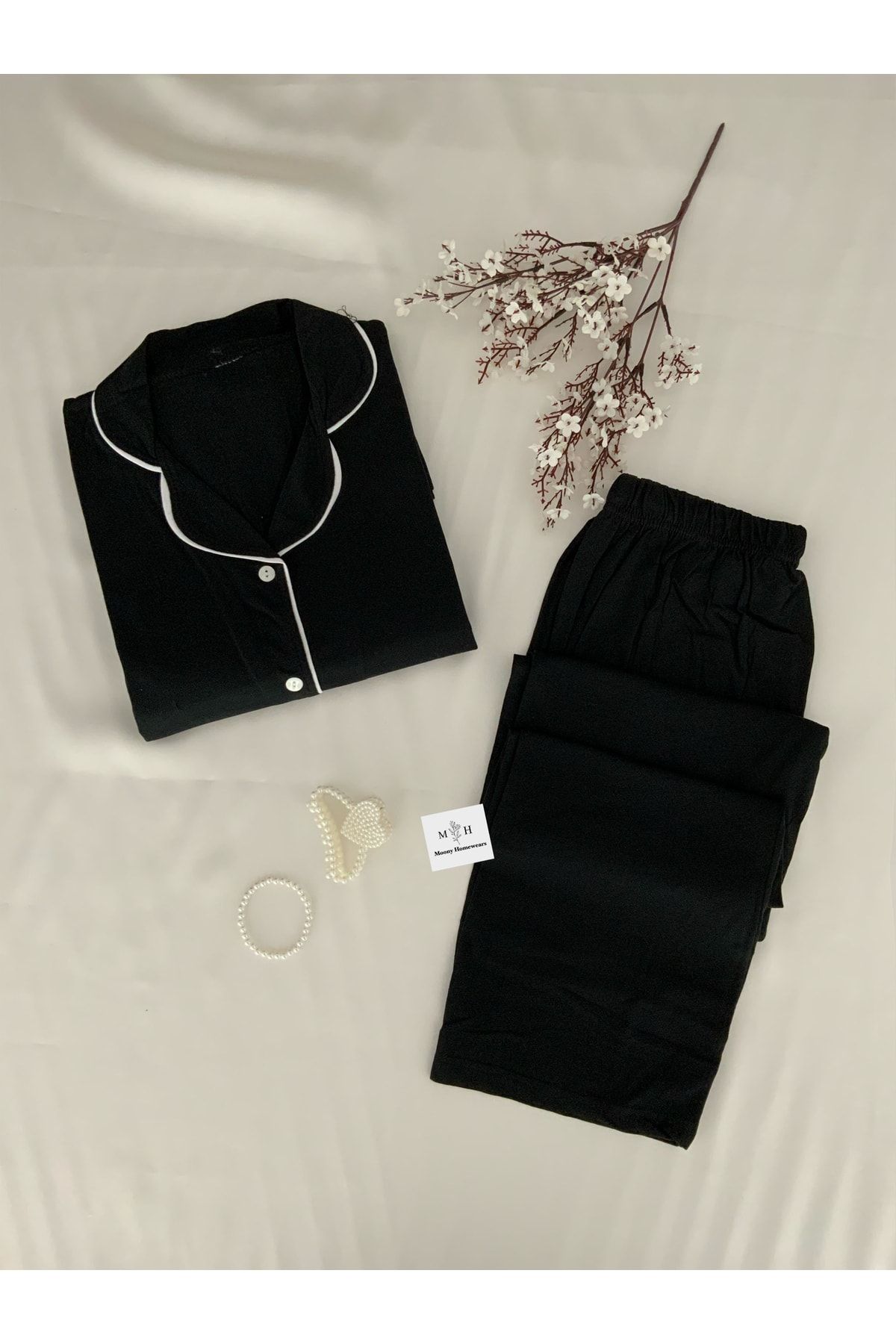 MH Moony Homewears Siyahın Beyaza Aşkı Pamuklu Pijama Takımı