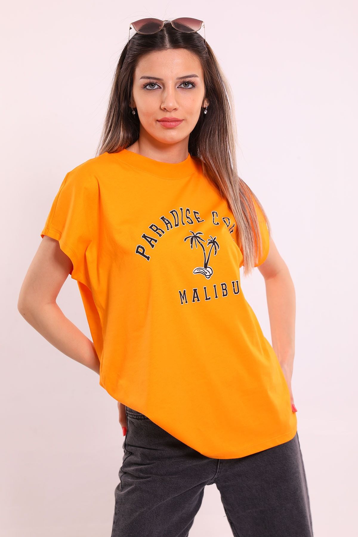Julude Orange Kadın Bisiklet Yaka Paradise Cove Baskılı T-shirt