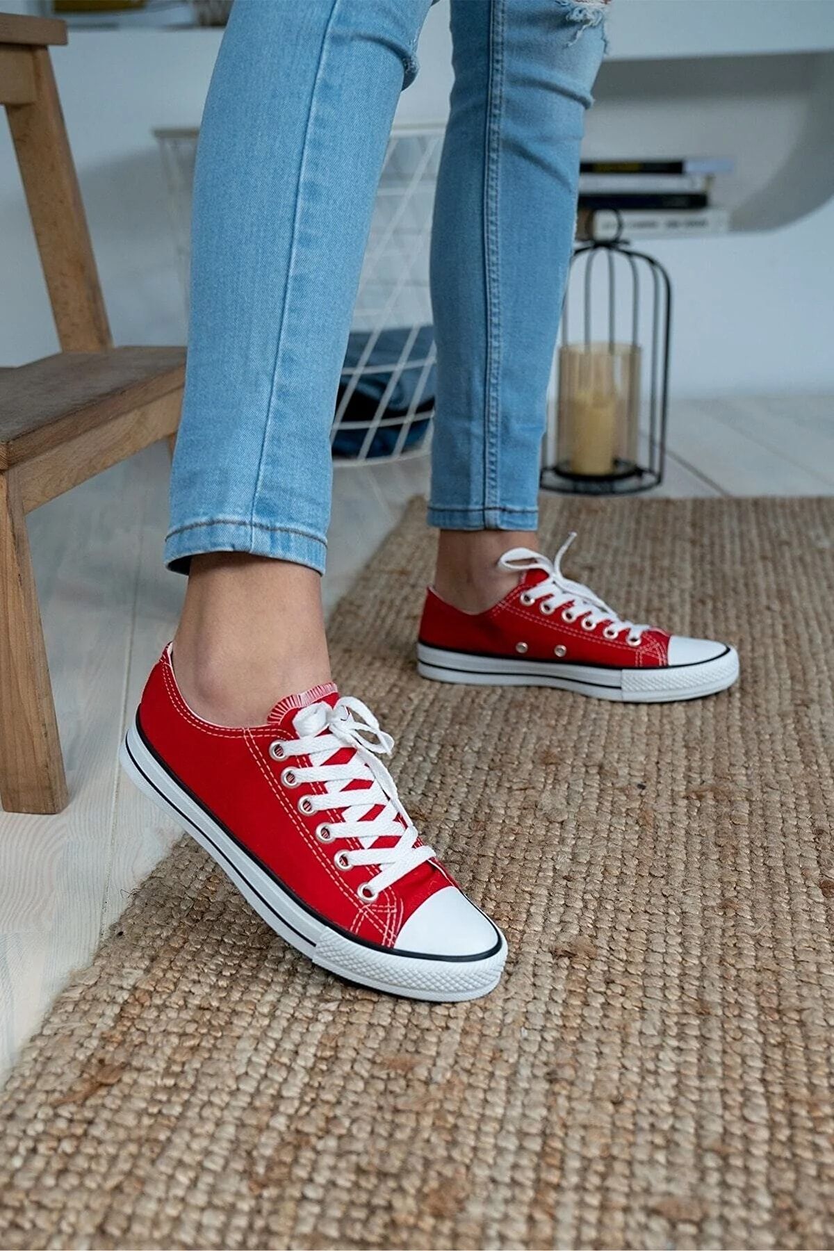 BOUIS Kadın Kırmızı Keten Bağcıklı Günlük Rahat Esnek Ortopedik Düz Taban Bez Ayakkabı Sneaker