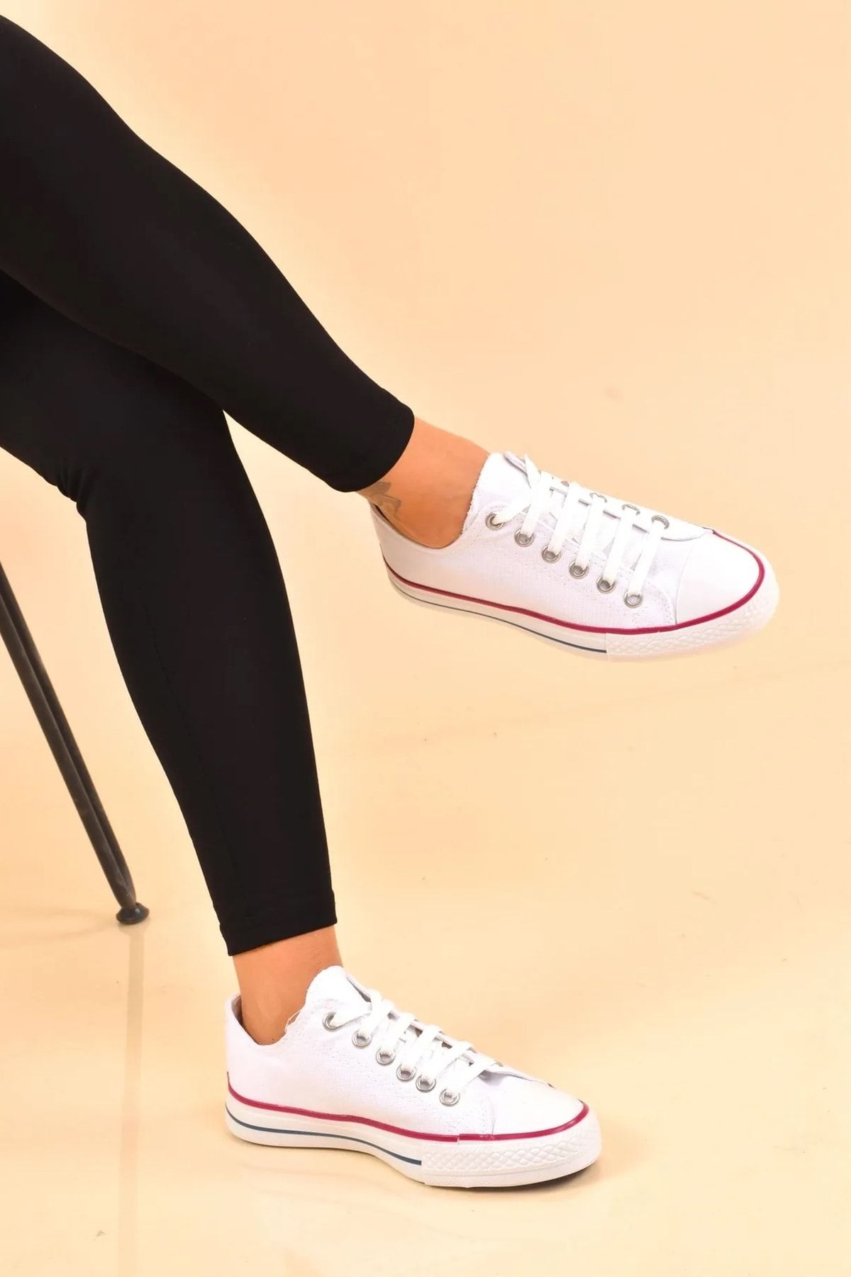 BOUIS Kadın Beyaz Keten Bağcıklı Günlük Rahat Esnek Ortopedik Düz Taban Bez Ayakkabı Sneaker