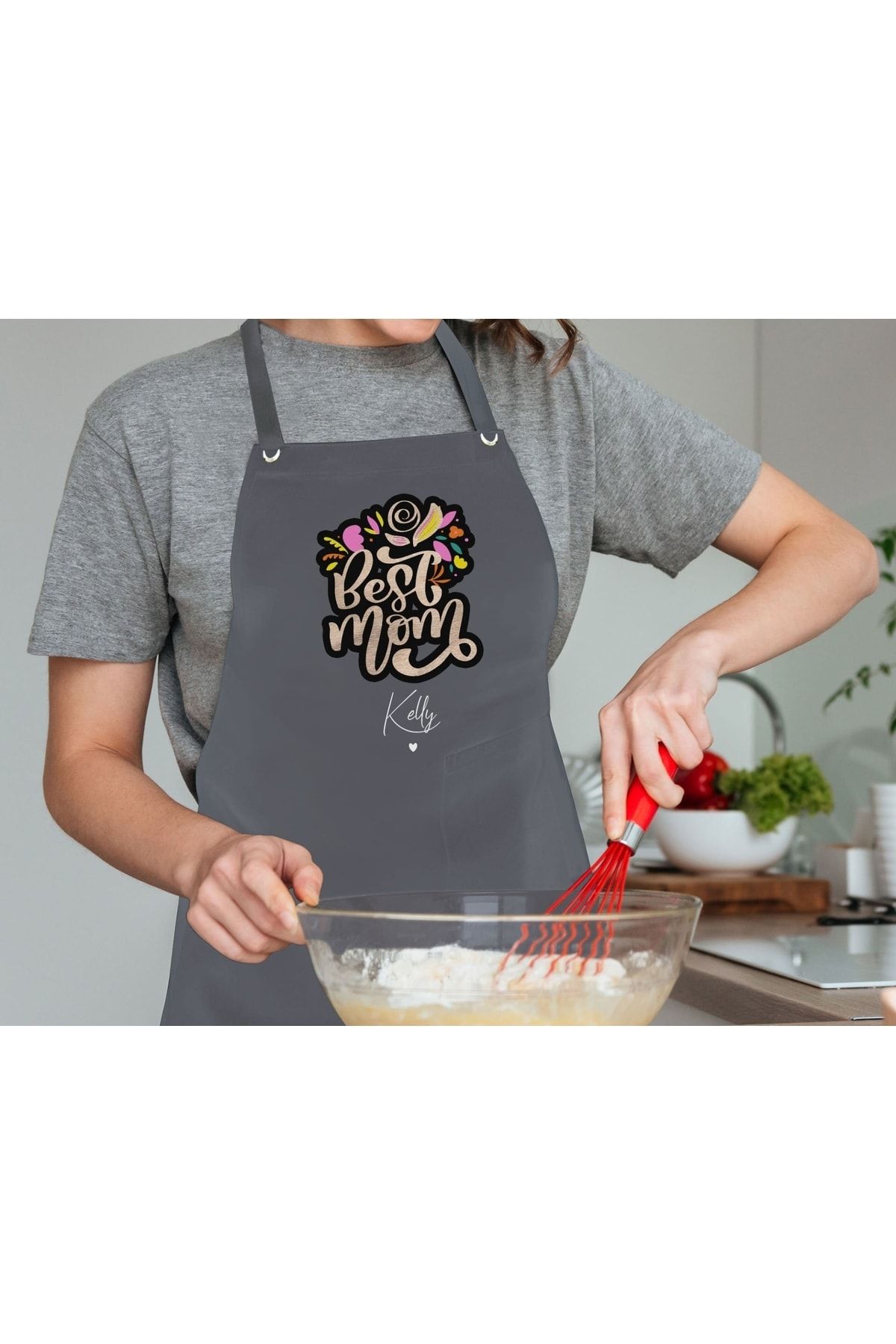 Bk Gift Kişiye Özel Isimli Anneler Günü Tasarımlı Profesyonel Antrasit Mutfak Önlüğü, Aşçı Önlüğü, Ş