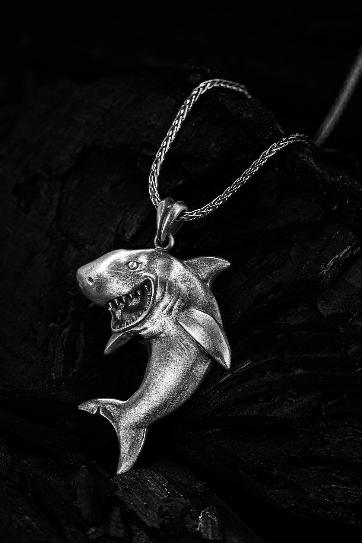 yüzükzade Köpekbalığı Erkek Kolye, Gümüş Erkek Kolye, Vahşi Köpek Balığı Erkek Kolye