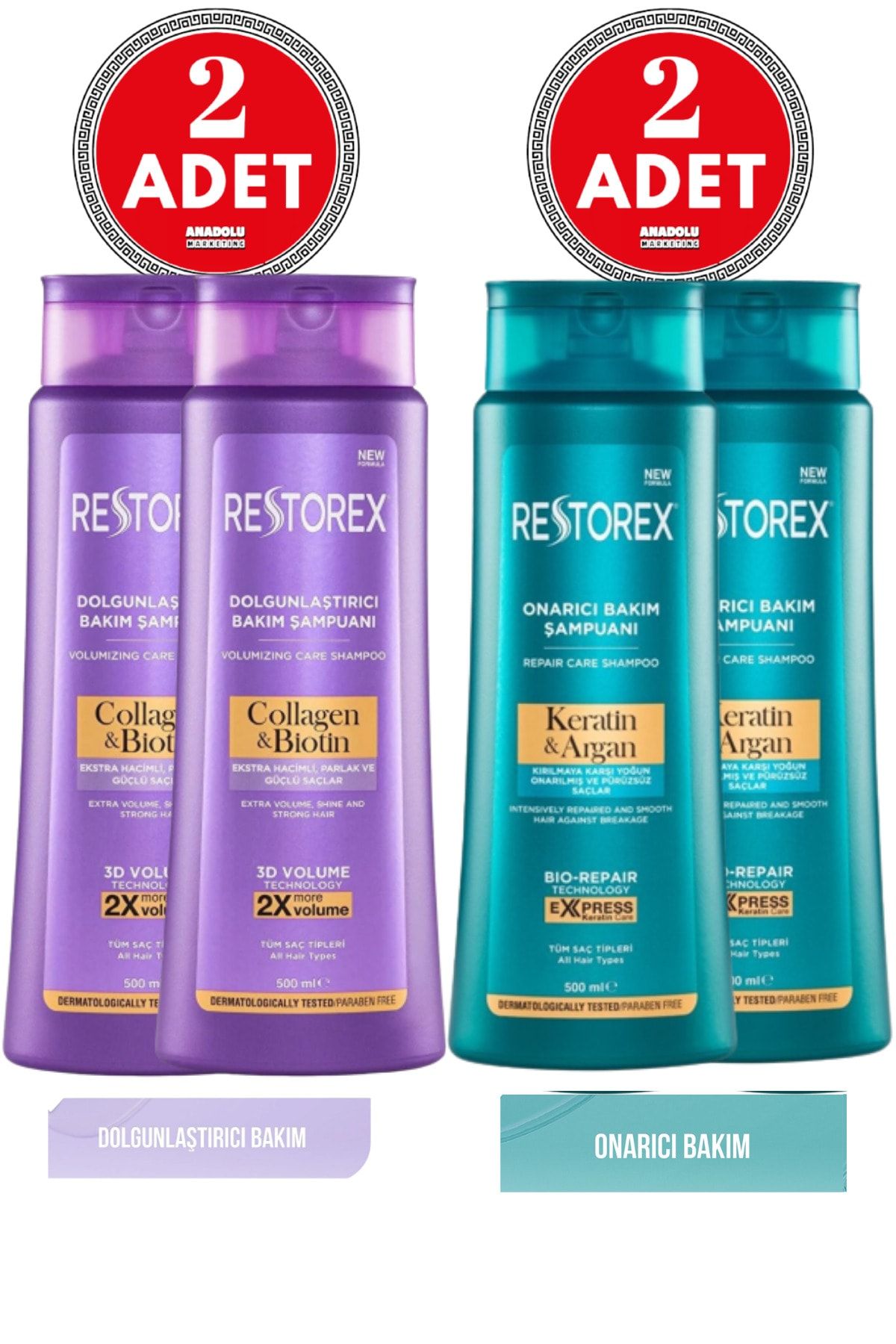 Restorex Keratin&argan Şampuan 500 Ml 2 Adet+ Collagen&biotin Dolgunlaştırıcı Şampuan 500 Ml 2 Adet