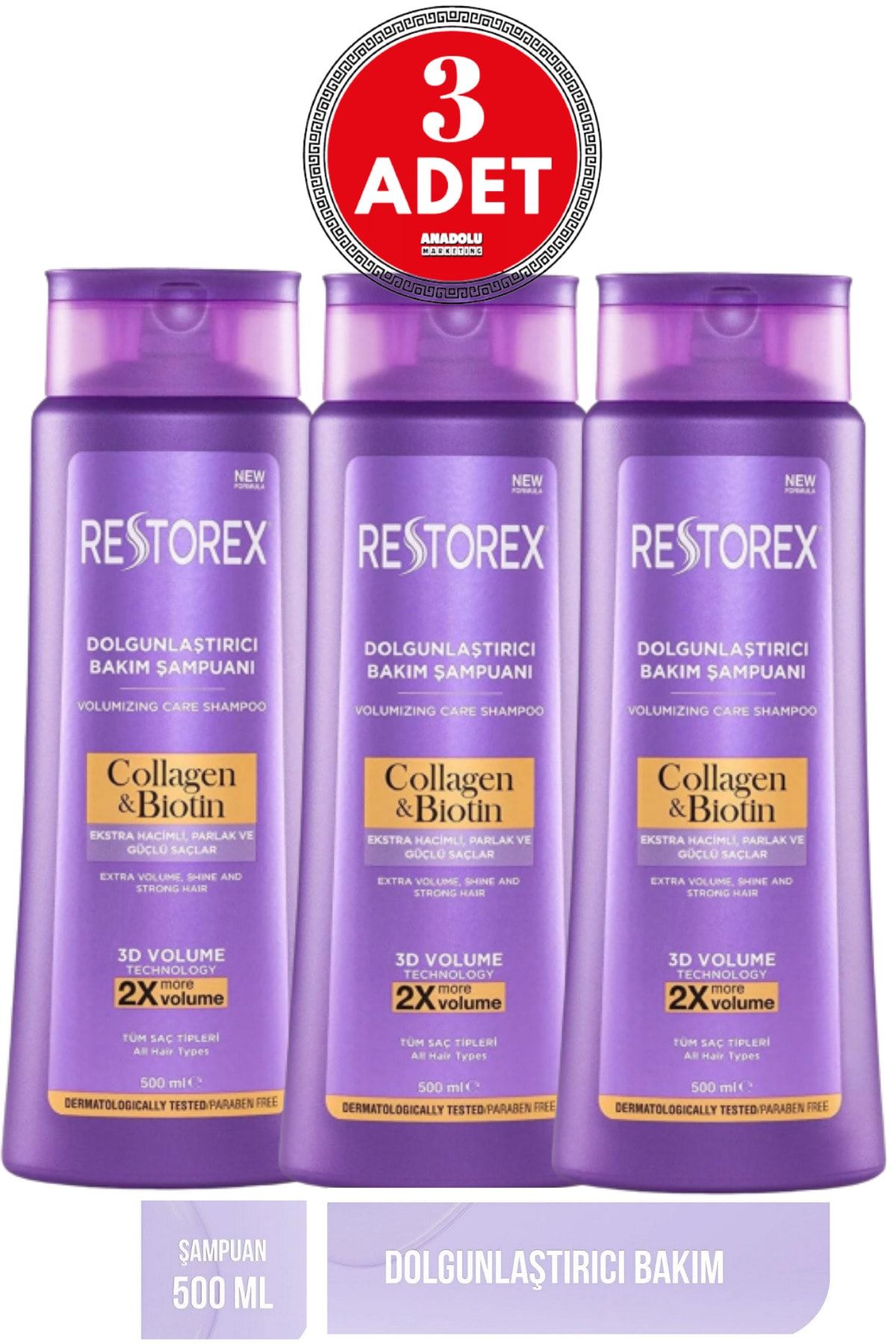 Restorex Collagen & Biotin Dolgunlaştırıcı Şampuan 500 Ml 3 Adet