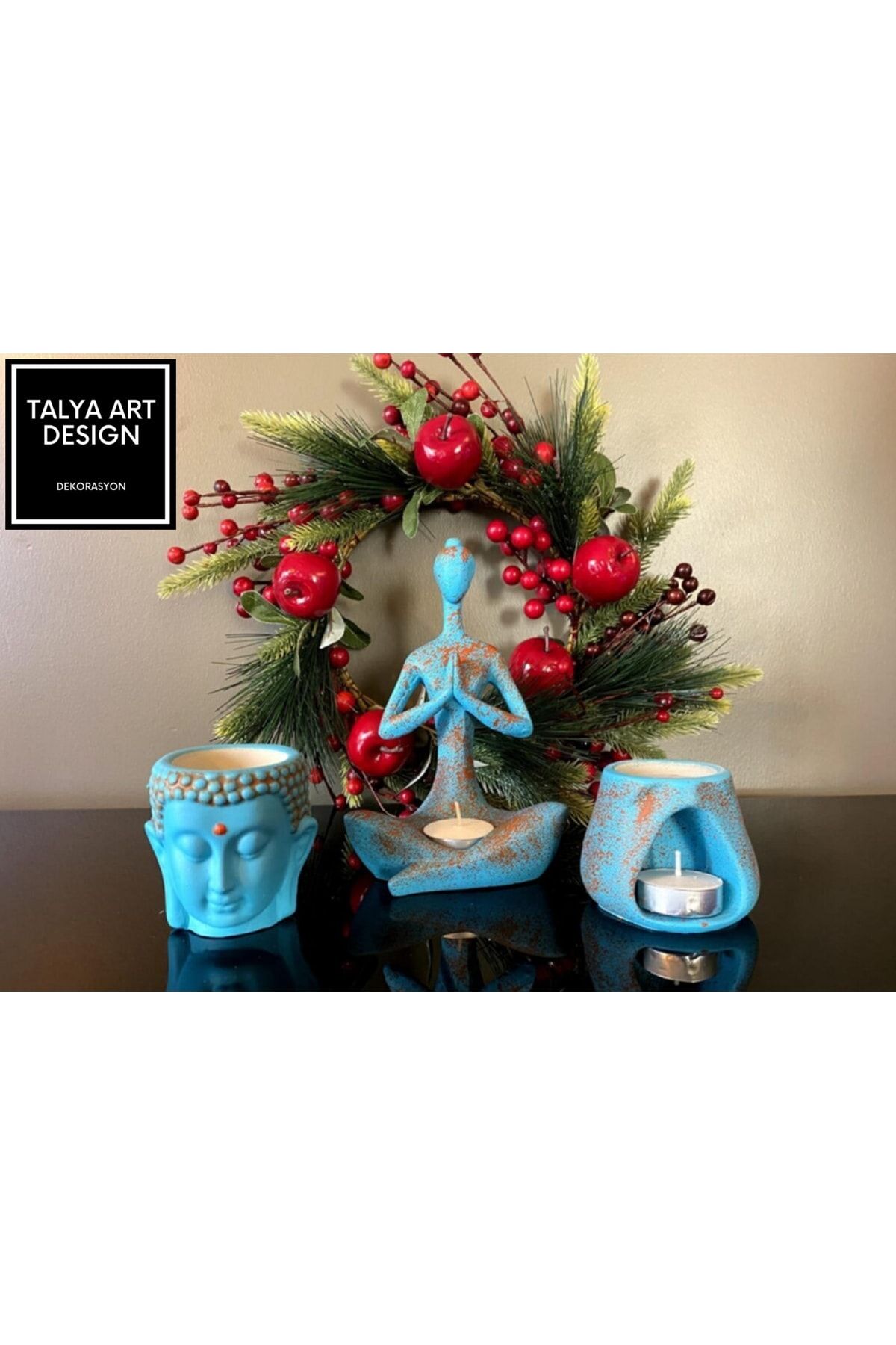 Talya Art Design , Üçlü Set, Turkuaz Renk Buddha Ve Tad Buhurdanlık, Namaste Tealight Mumluk