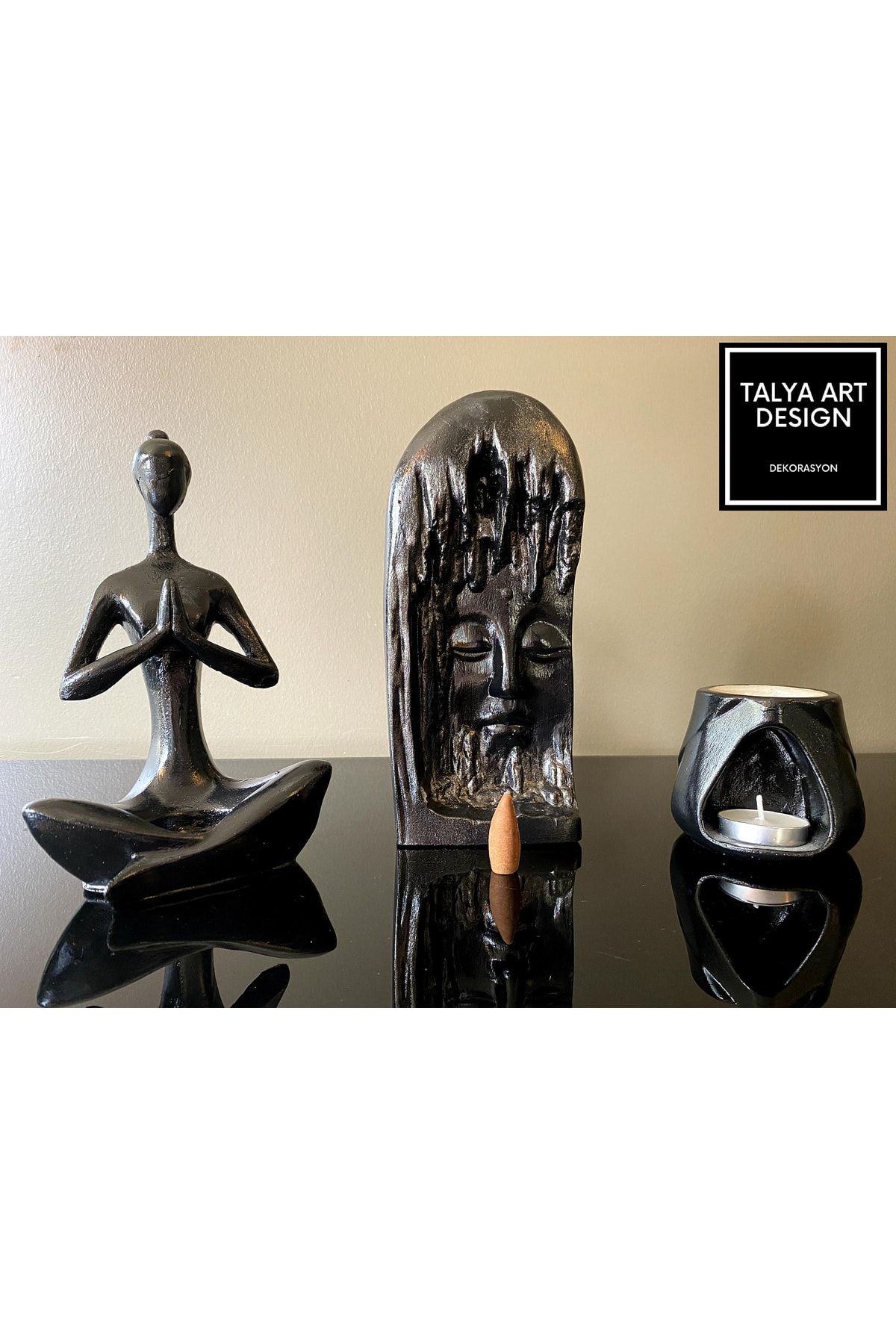 Talya Art Design Üçlü Set, Siyah Namaste Tealight Mumluk, Geri Akış Tütsülük Ve T.a.d. Buhurdanlık