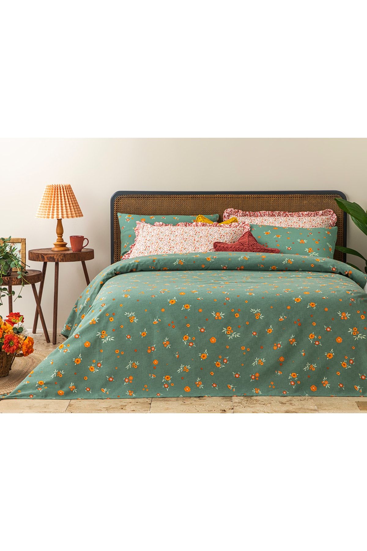 English Home Baskılı Tek Kişilik Pike 150x220 Cm Yeşil