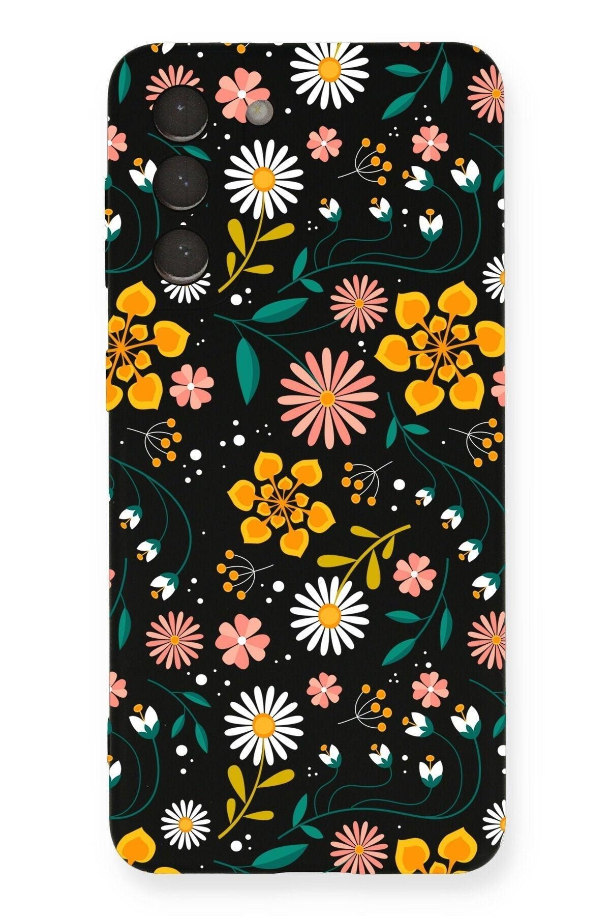 PrintiFy Samsung Galaxy S21 Fe Uyumlu Lansman Kılıf Çiçek Tasarımlı Içi Kadife Kapak-siyah