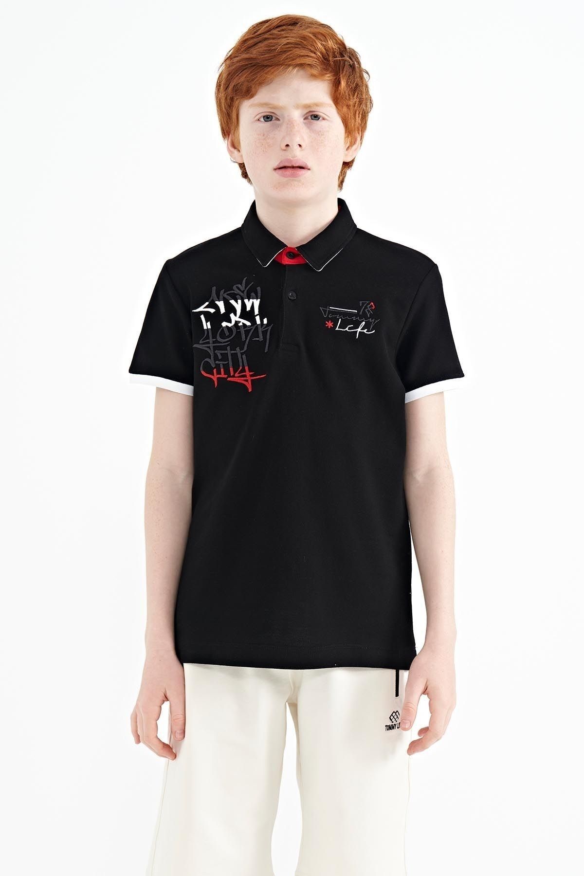 TOMMY LIFE Siyah Yazı Nakış Detaylı Standart Kalıp Polo Yaka Erkek Çocuk T-shirt - 11085