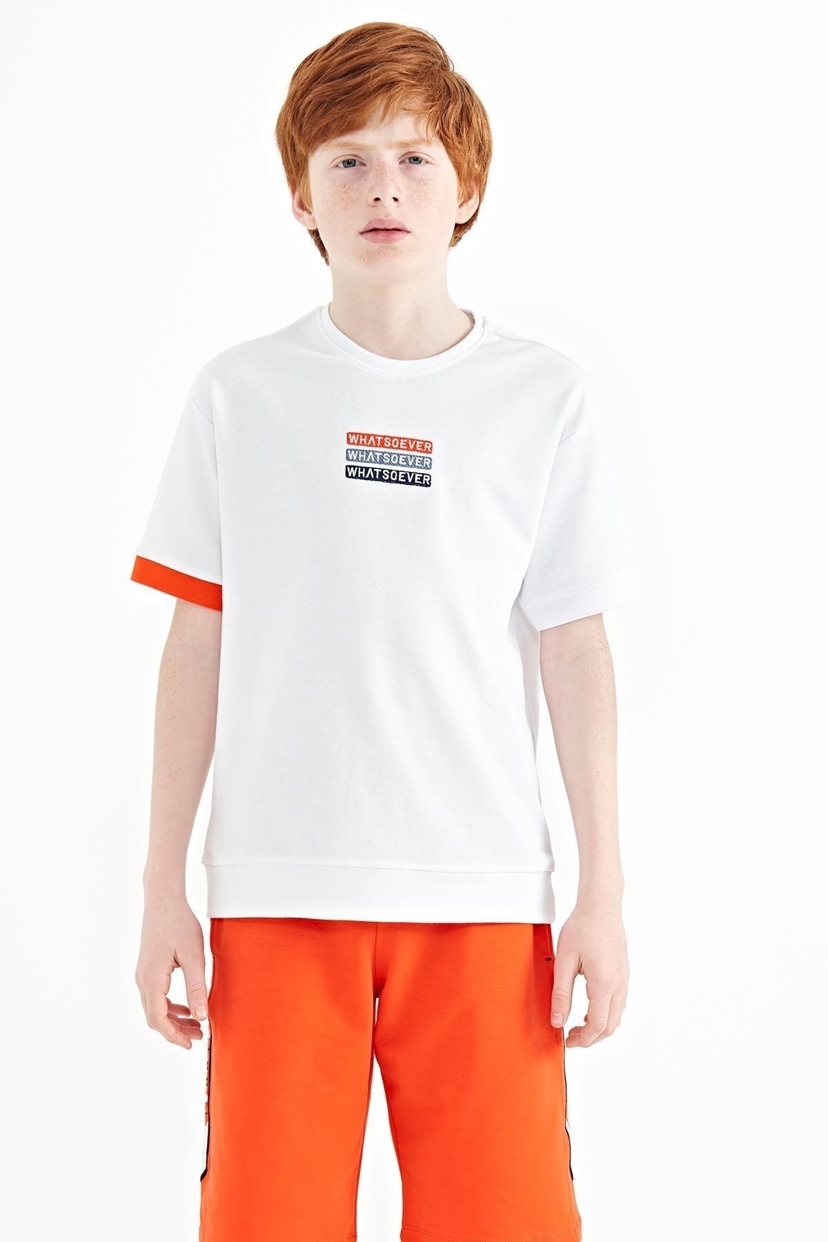TOMMY LIFE Beyaz Yazı Nakışlı O Yaka Oversize Erkek Çocuk T-shirt - 11146