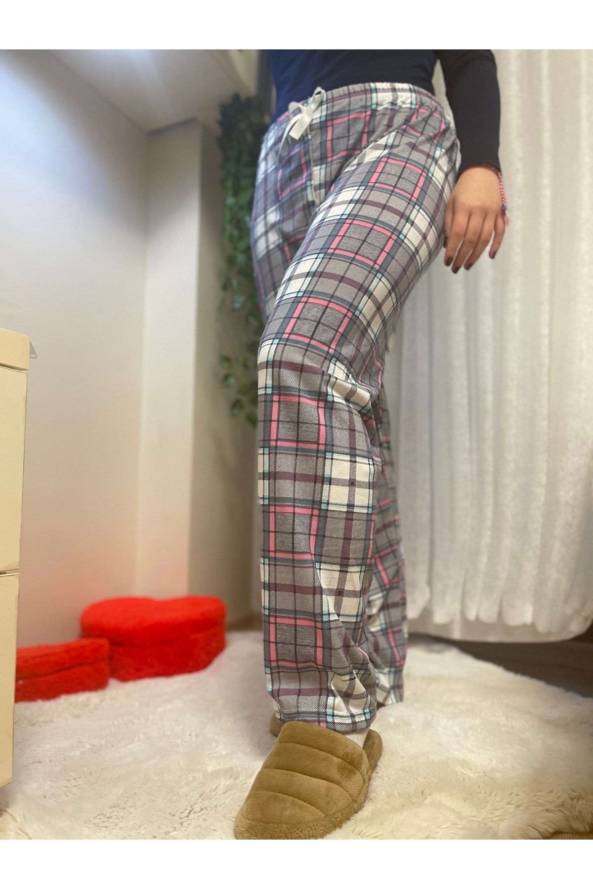 Betimoda Kadın Pijama Altı Kurdeleli Mavi Pembe Büyük Kare