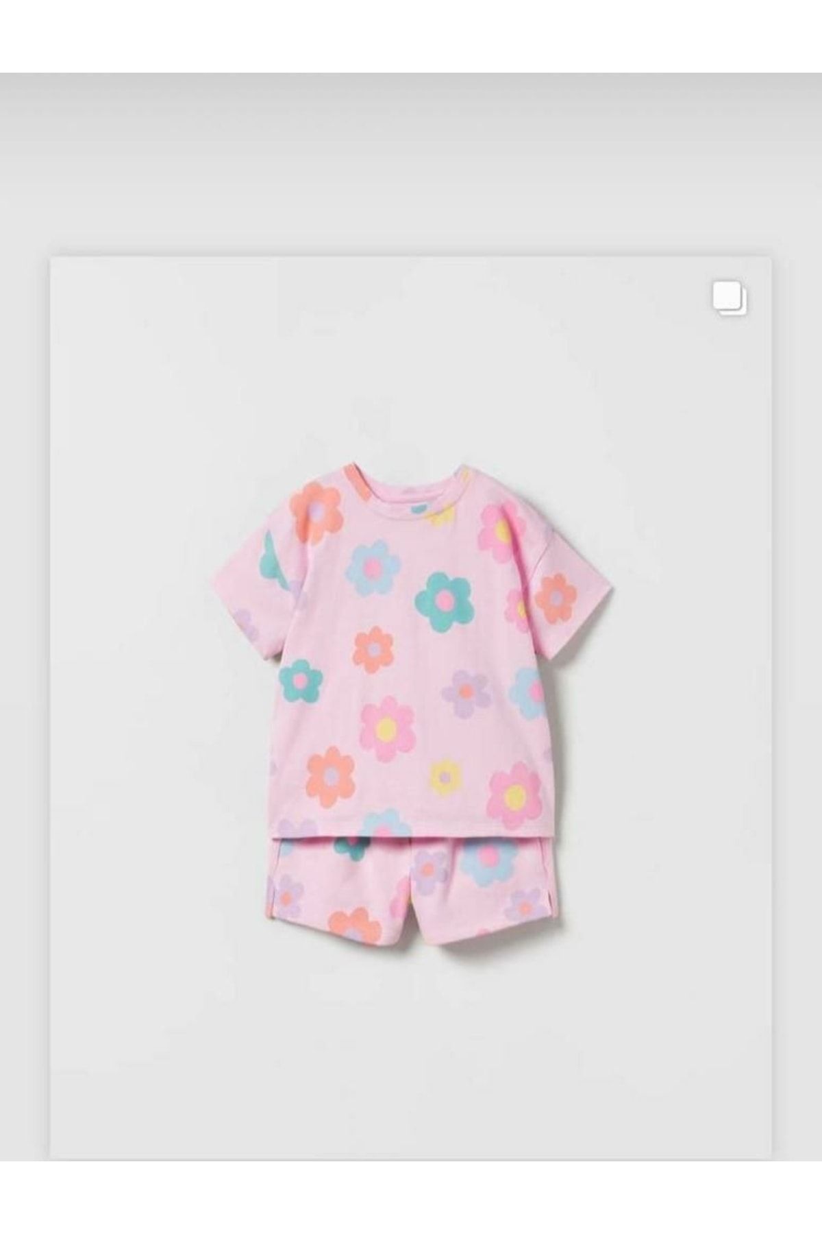 Tw baby Kız Çocuk Pembe Çiçek Desenli Pamuklu T-shirt Şort Alt-üst Takım