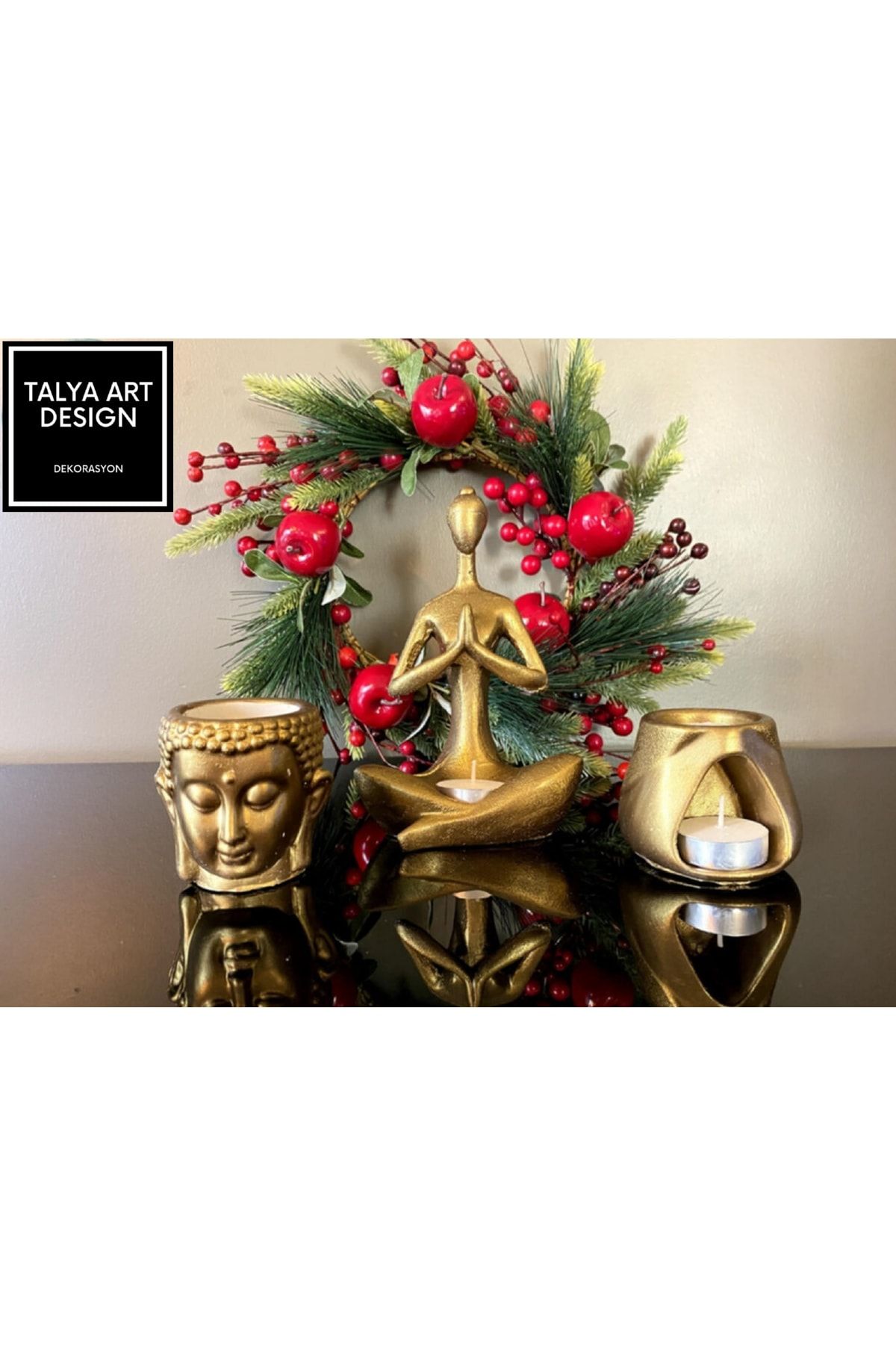 Talya Art Design , Üçlü Set, Altın Renk Buddha Ve Tad Buhurdanlık, Namaste Tealight Mumluk