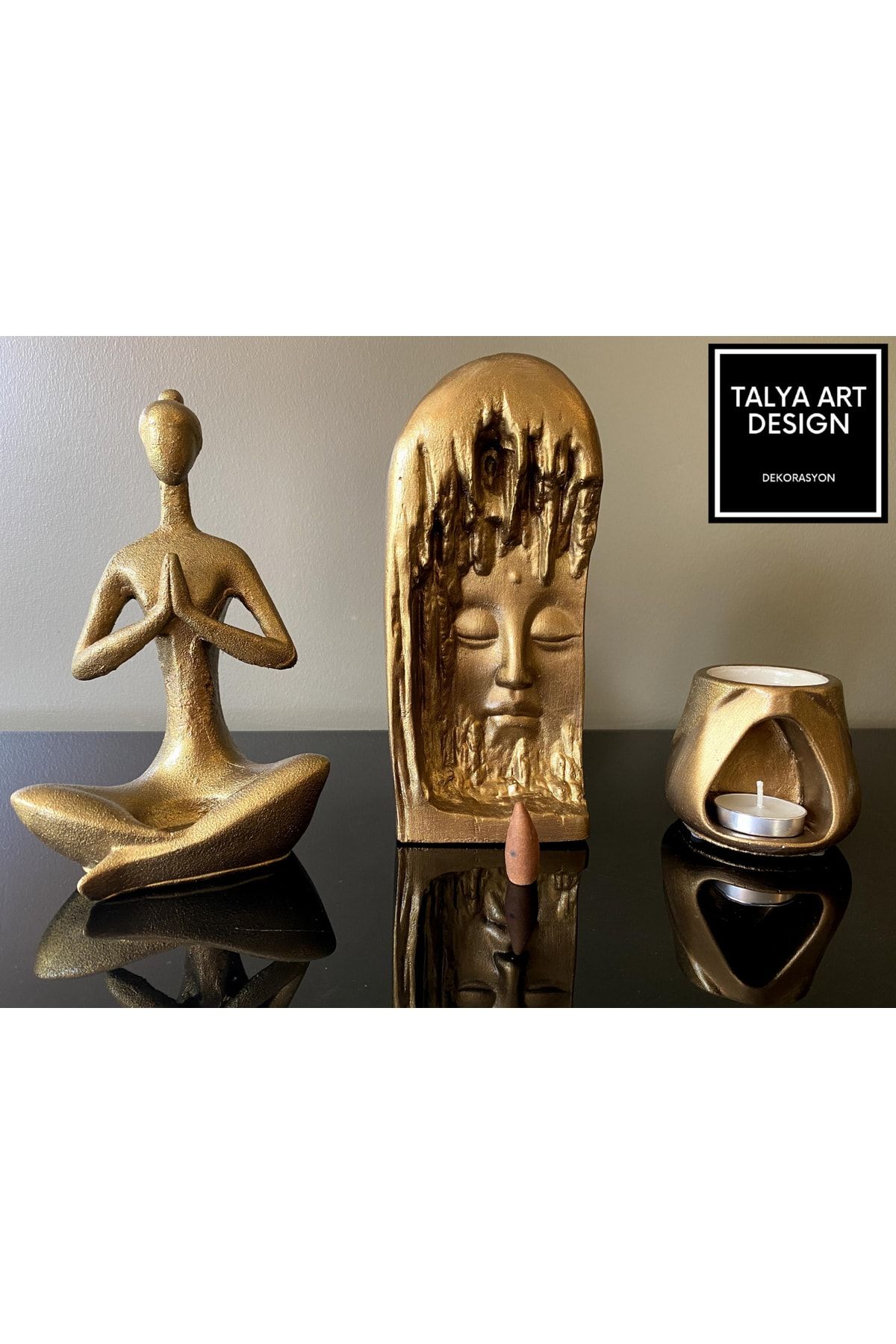 Talya Art Design Üçlü Set, Altın Namaste Tealight Mumluk, Geri Akış Tütsülük Ve T.a.d. Buhurdanlık