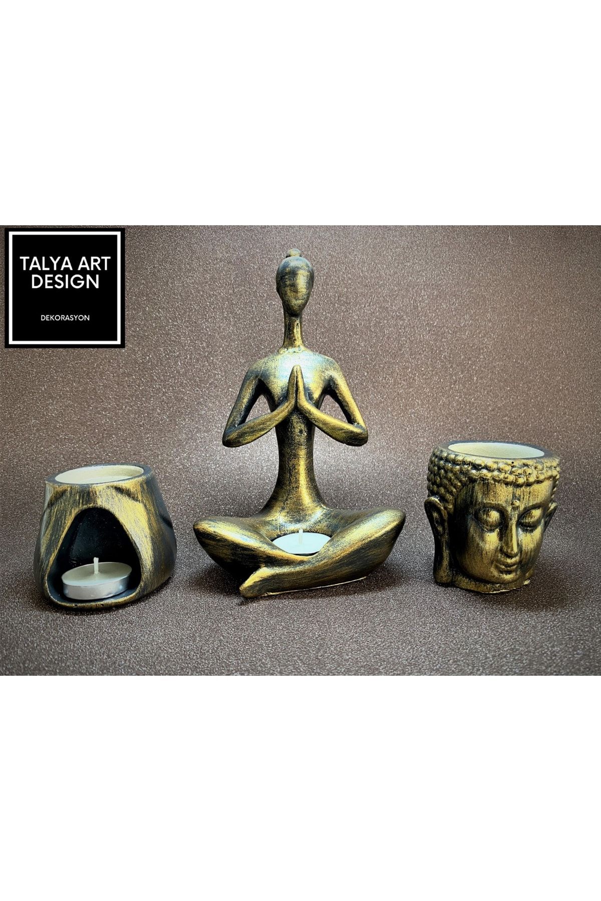 Talya Art Design , Üçlü Set, Antrasit Altın Buddha Ve Tad Buhurdanlık, Namaste Tealight Mumluk