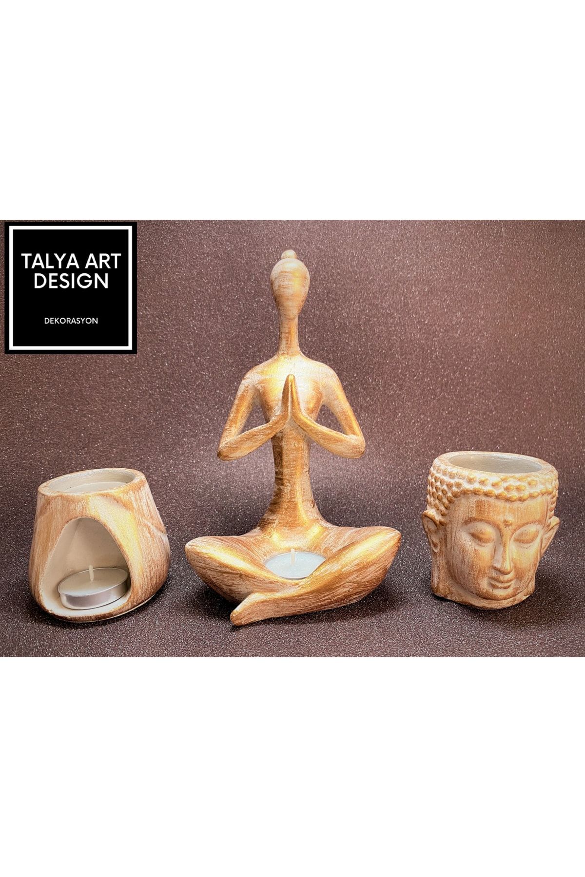Talya Art Design , Üçlü Set, Altın Eskitme Buddha Ve Tad Buhurdanlık, Namaste Tealight Mumluk