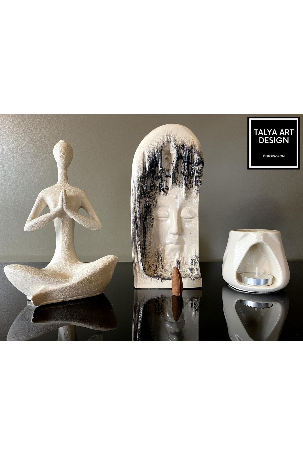 Talya Art Design Üçlü Set, Beyaz Eskitme Namaste Mumluk, Geri Akış Tütsülük Ve Tad Buhurdanlık