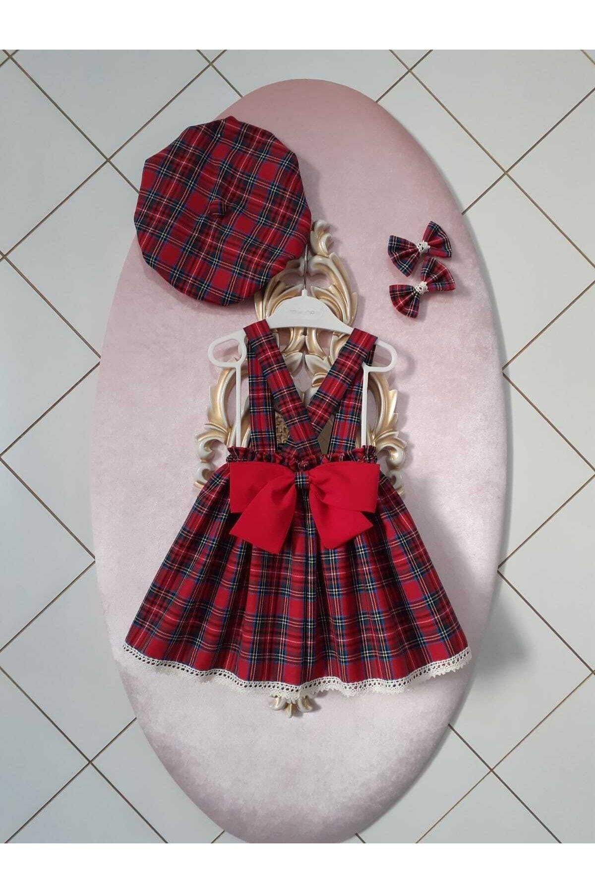 Eylülce Butik Kız Bebek & Çocuk Ekoseli Salopet Elbise & Şapka & Toka Takım
