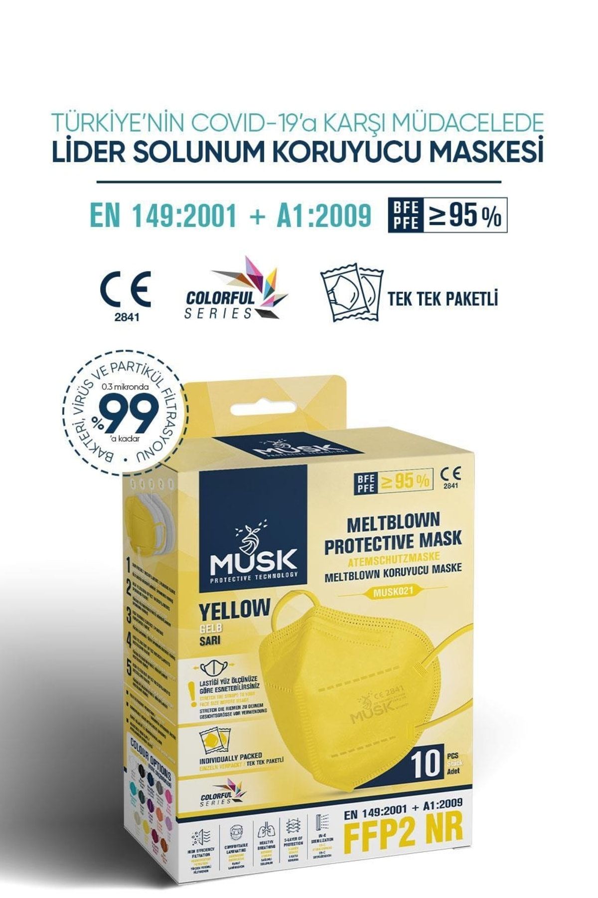 Musk FFP2 Maske Sarı Renk 10 Adet