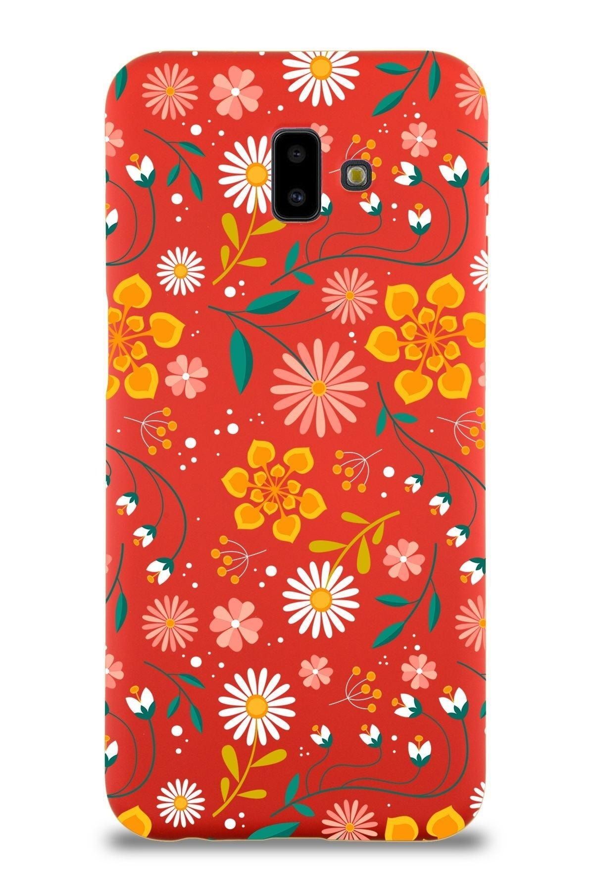 PrintiFy Samsung Galaxy J6 Plus Uyumlu Lansman Kılıf Çiçek Tasarımlı Içi Kadife Kapak-kırmızı