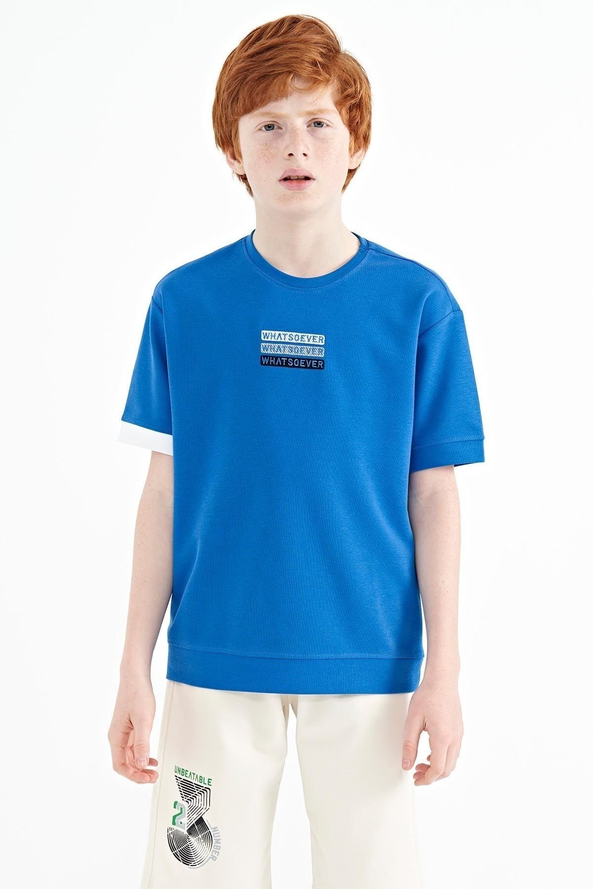 TOMMY LIFE Saks Yazı Nakışlı O Yaka Oversize Erkek Çocuk T-shirt - 11146