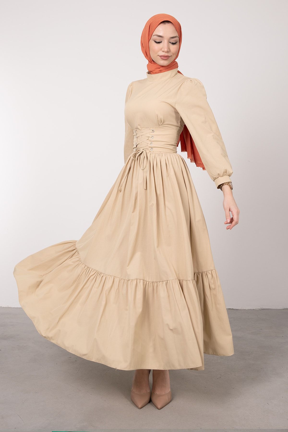 Lamia Giyim Beli Çapraz Bağcıklı Vintage Tesettür Elbise Vizon