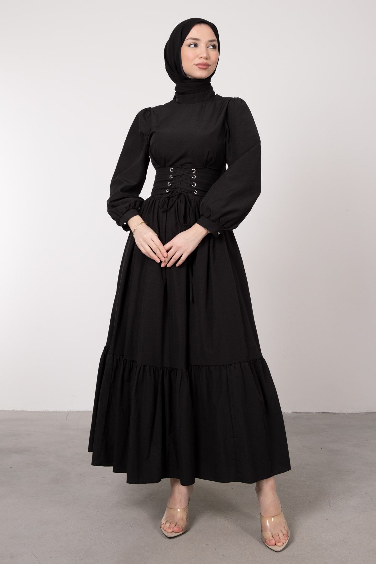 Genel Markalar Beli Çapraz Bağcıklı Vintage Tesettür Elbise Siyah