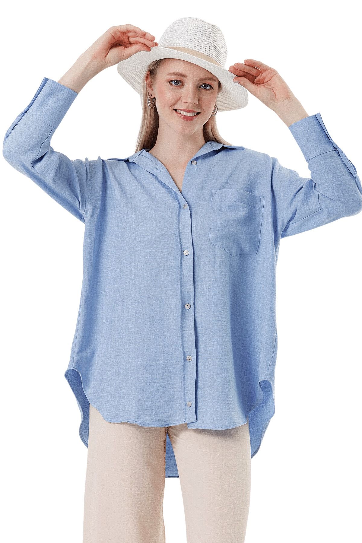 butikburuç Kadın Mavi Oval Kesim Tek Cep Gömlek