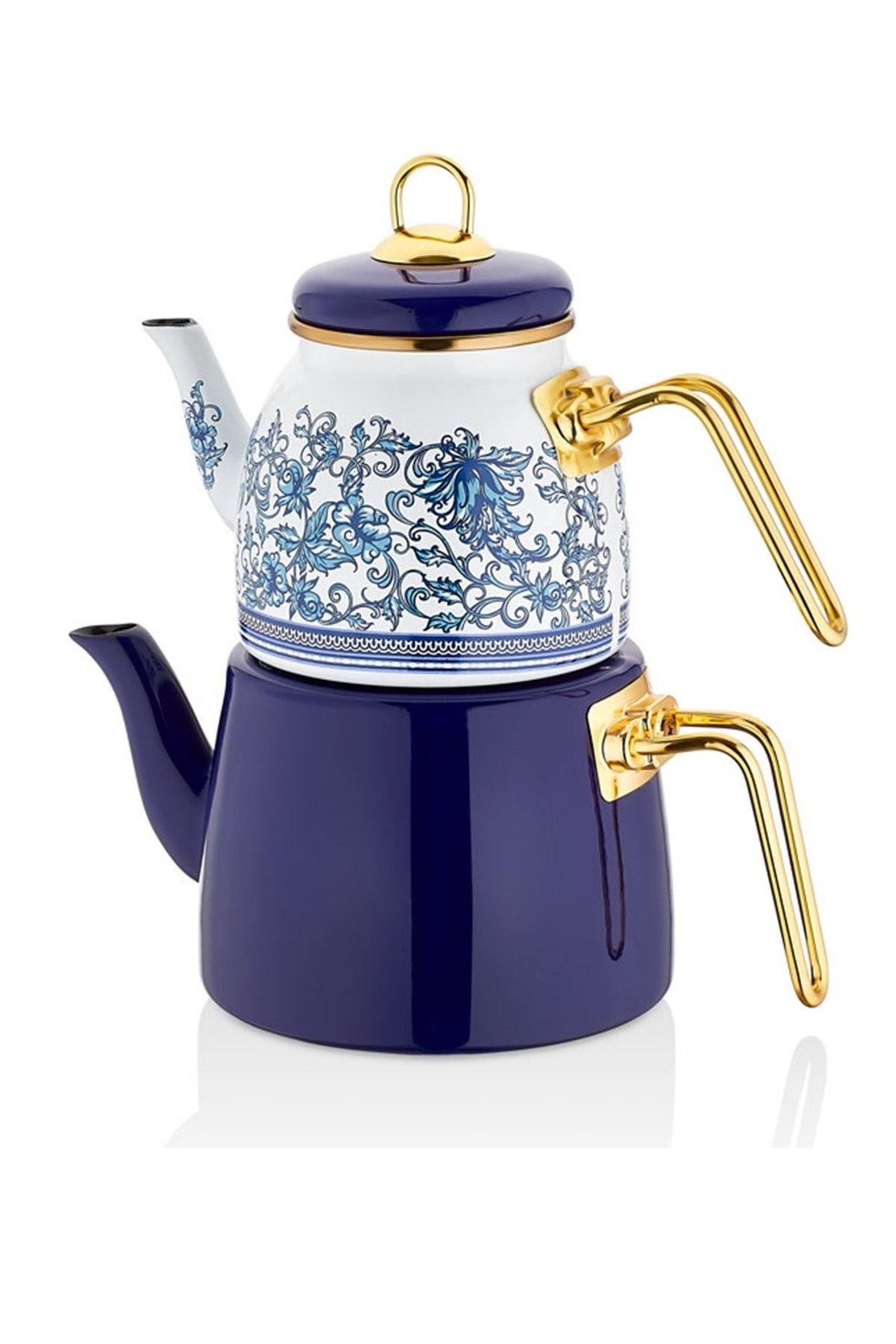 PORLİSTAN Koyu Mavi Çini Desenli Emaye Çaydanlık Takımı, Koyu Mavi Gold Saplı Emaye Çaydanlık Takımı