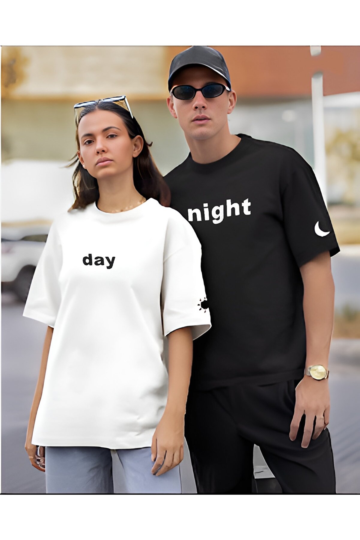 Rex Darius Day Night / Gece Gündüz Detaylı Sevgili Kombin Bisiklet Yaka T-shirt 2 Adet Tişört Set Tişört