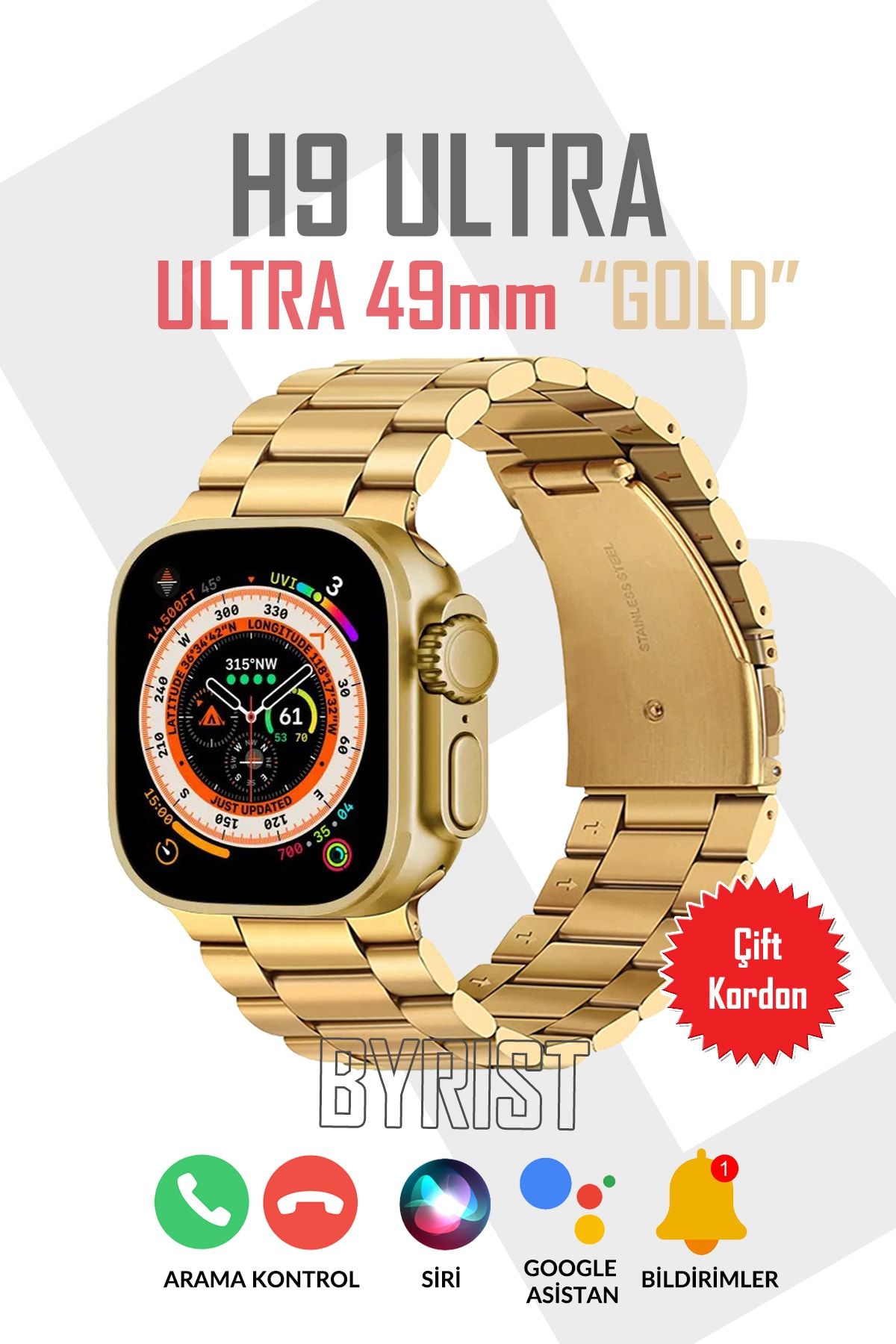 Byrist Watch 8 Ultra Gold Series H9 Ultra 49mm Full Ekran 2023 Altın Renk Çift Kordon Akıllı Saat