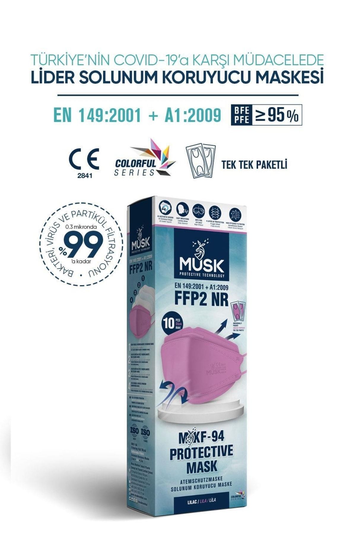 Musk KF94 Kore Tipi FFP2 Maske Lila Renk 10 Adet