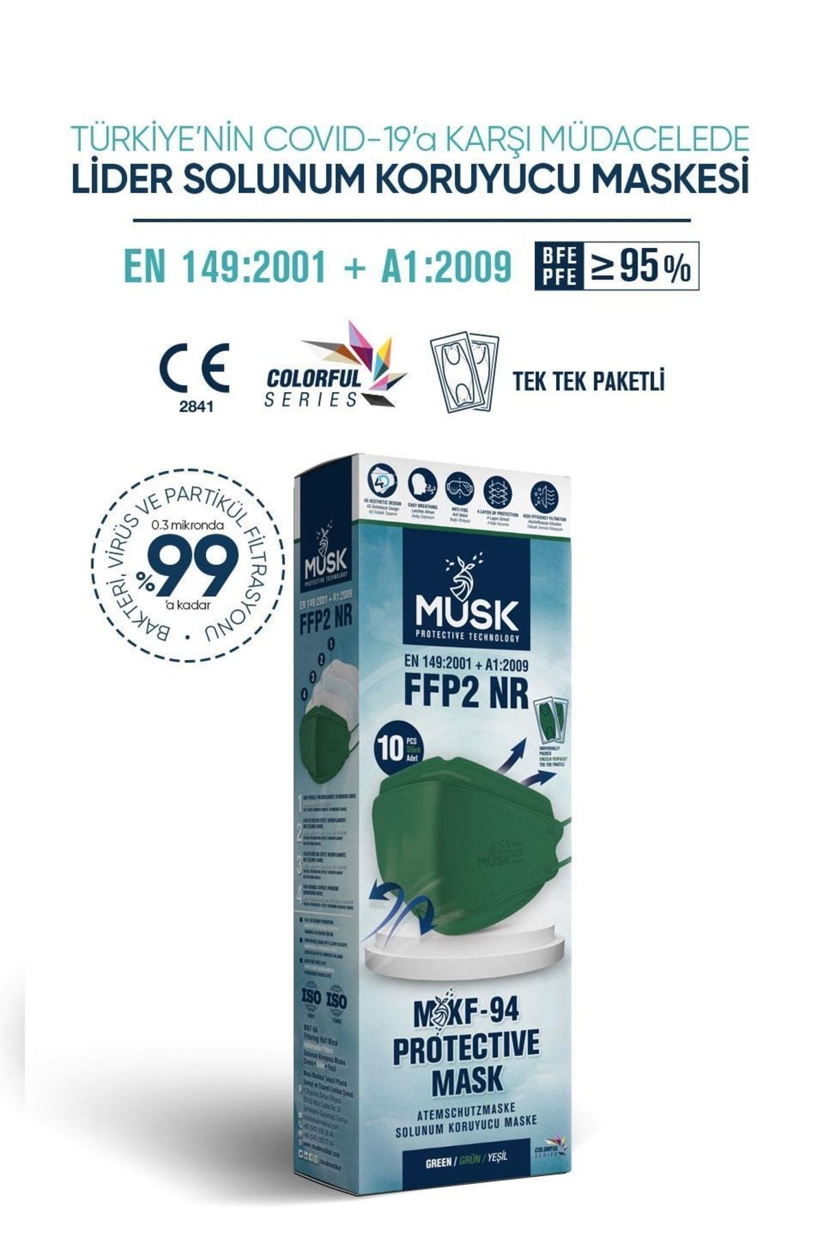 Musk Kf94 Kore Tipi Ffp2 Maske Yeşil Renk 10 Adet