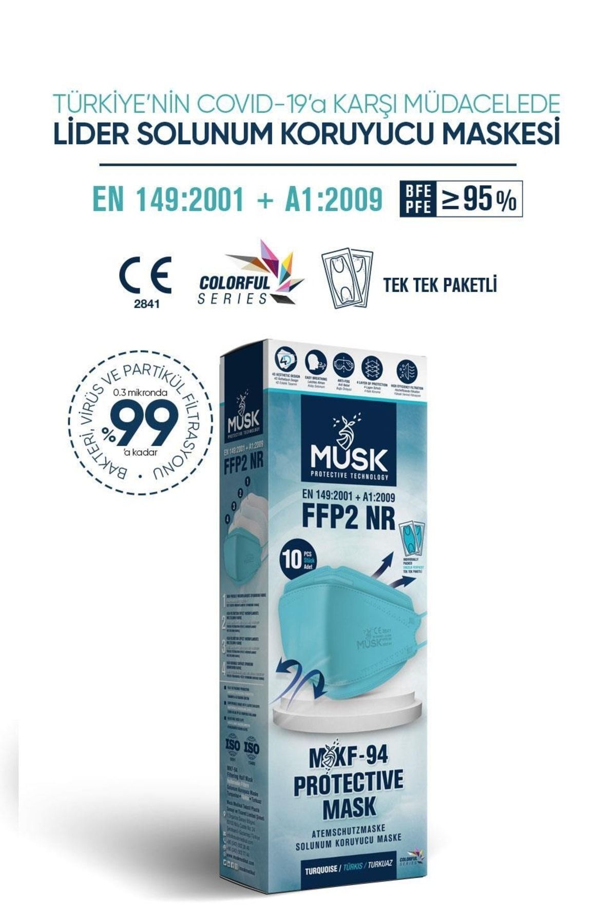 Musk Kf94 Kore Tipi Ffp2 Maske Turkuaz Renk 10 Adet