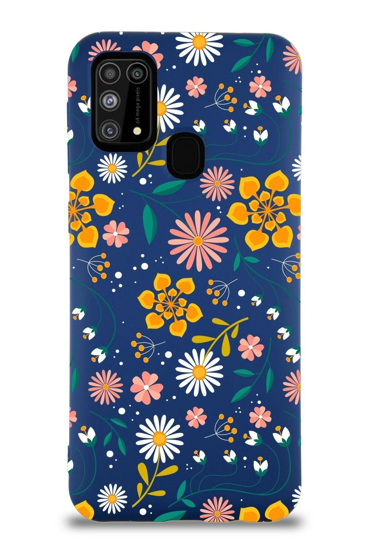 PrintiFy Samsung Galaxy M31 Uyumlu Lansman Kılıf Çiçek Tasarımlı Içi Kadife Kapak-lacivert