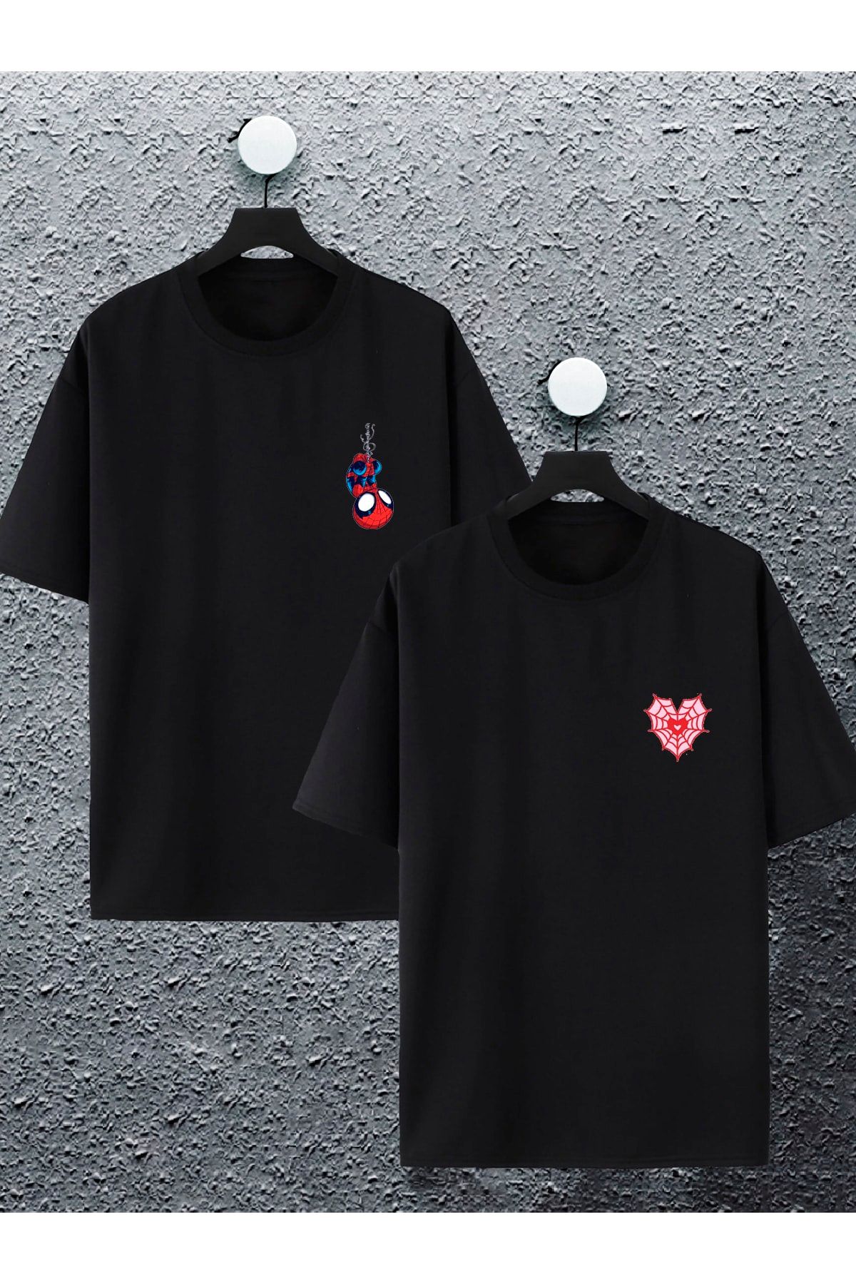 Jobia Outdoors Kadın Erkek Spiderman Ağ Kalp Baskılı Sevgili Çift Kombini Tasarım Oversize T-shirt 2li Set