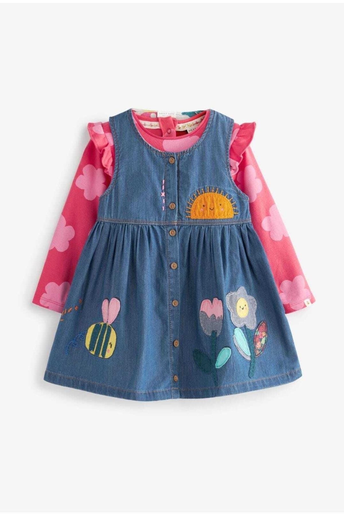 Next Baby %100 Pamuk Denim Parlak Karakter Aplike Elbise, Bodysuit Takım