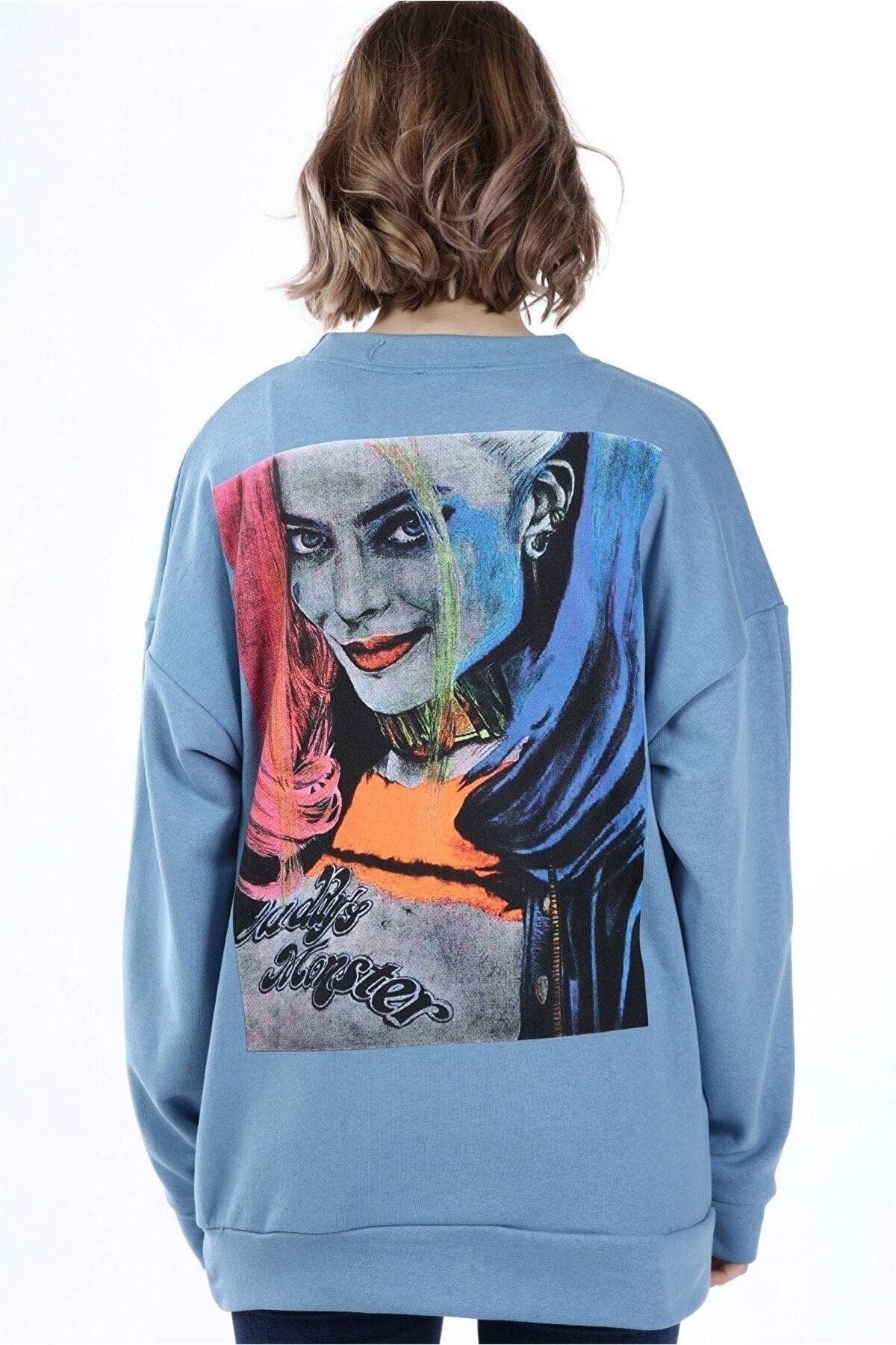 Millionaire Kadın Mavi Harley Quinn Baskılı Oversize Sweatshirt - K20027