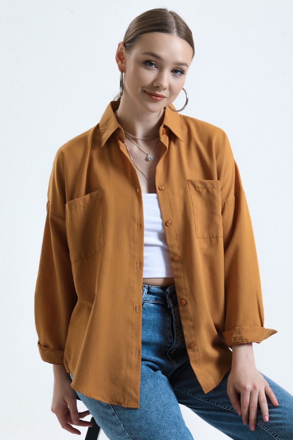 MD trend Kadın Camel Cepli Oversize Uzun Basic Poplin Gömlek