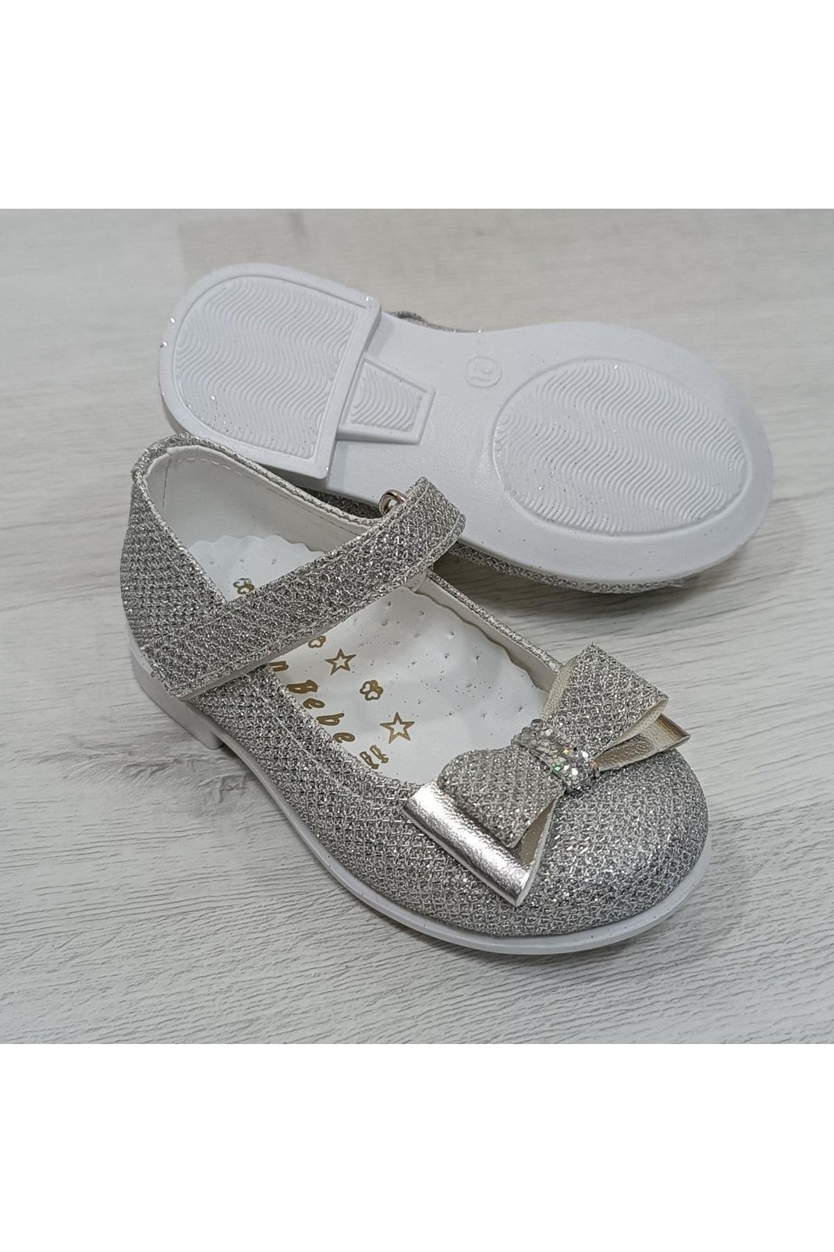 Fiyra 8008 Gümüş Simli Cırtlı El Yapımı Kız Bebe Babet Ayakkabı